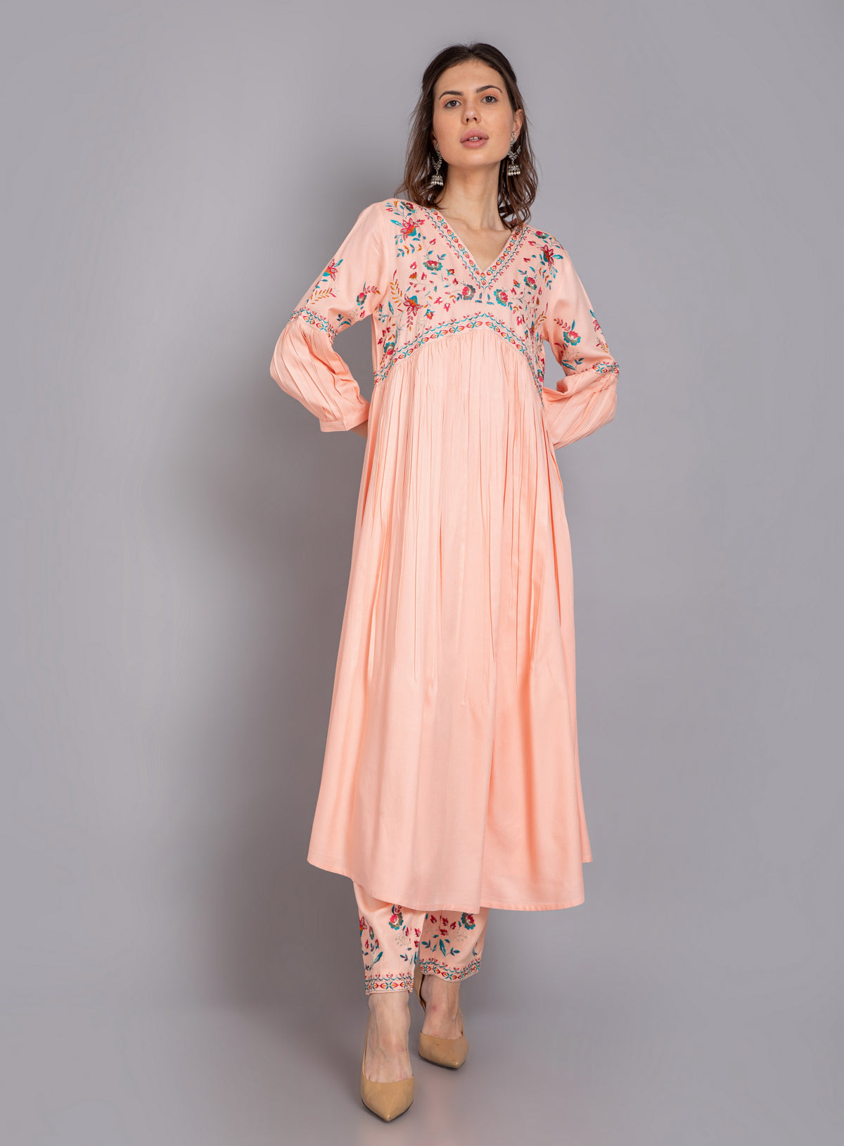 2PC ALIA CUT SET EMBELLISHED WITH COLORFUL EMBROIDERY.