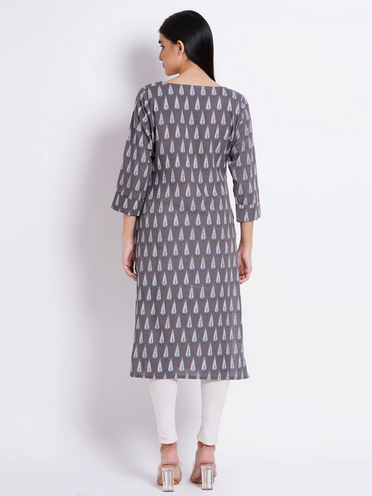 Caster Gray Casual Wear Printed Boat Neck Kurti Embellished with Handwork