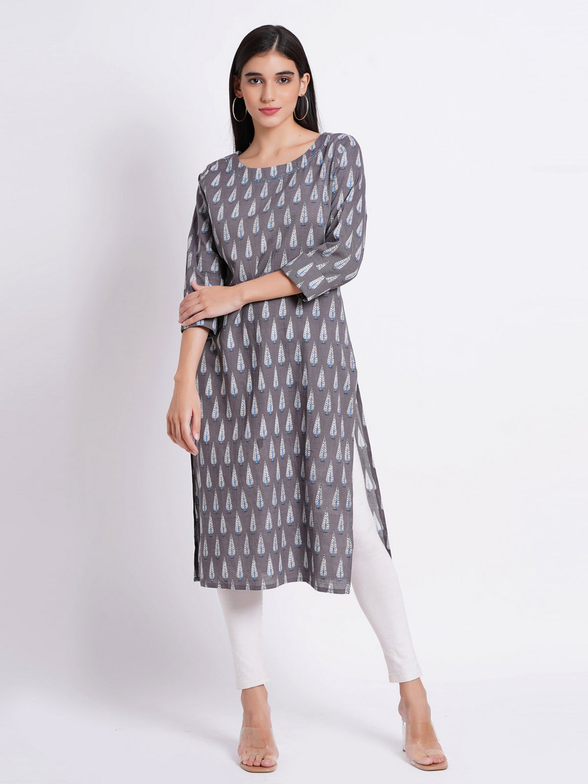Caster Gray Casual Wear Printed Boat Neck Kurti Embellished with Handwork