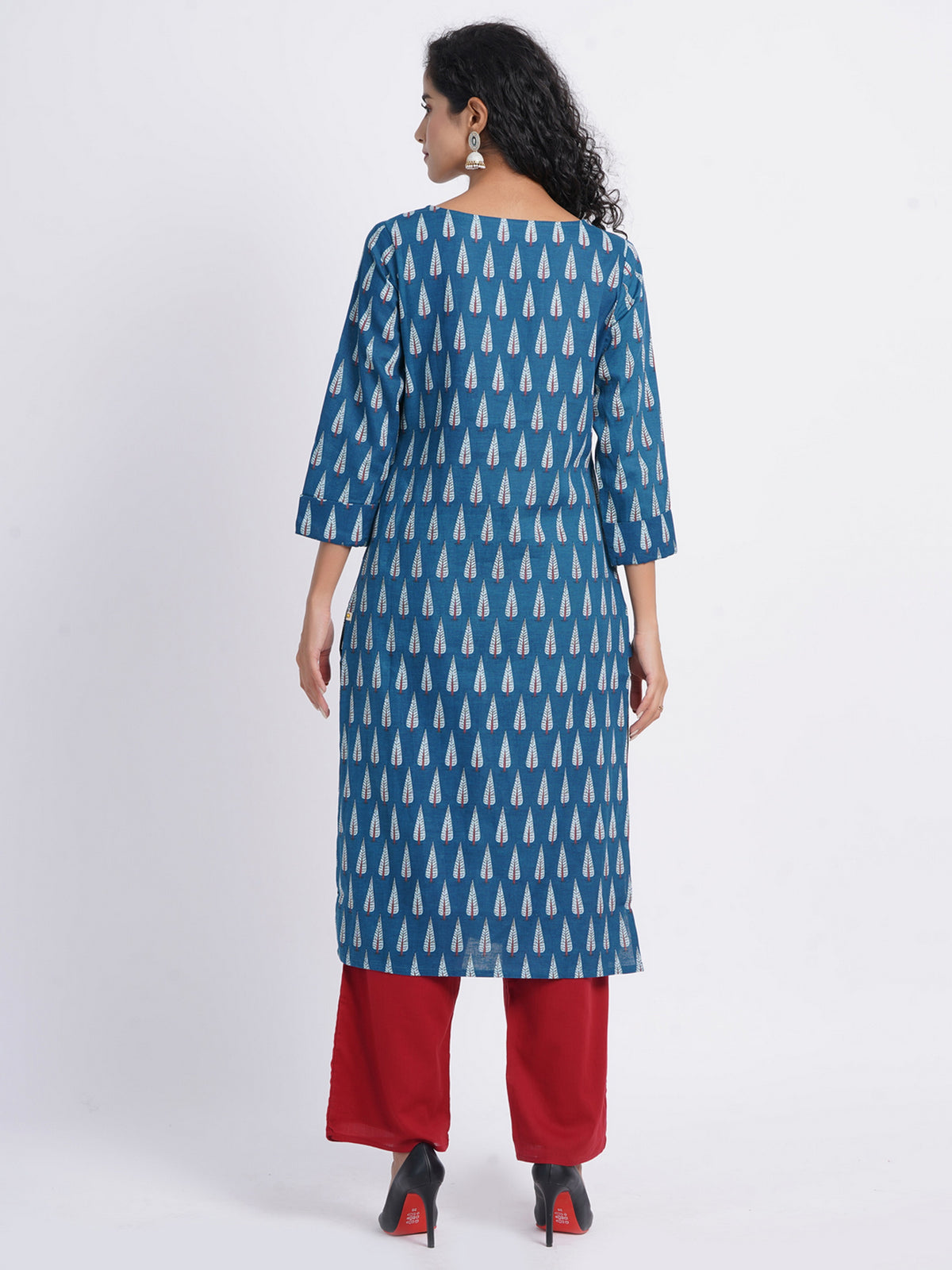 Marine Blue Casual Wear Printed Boat Neck Kurti Embellished with Handwork