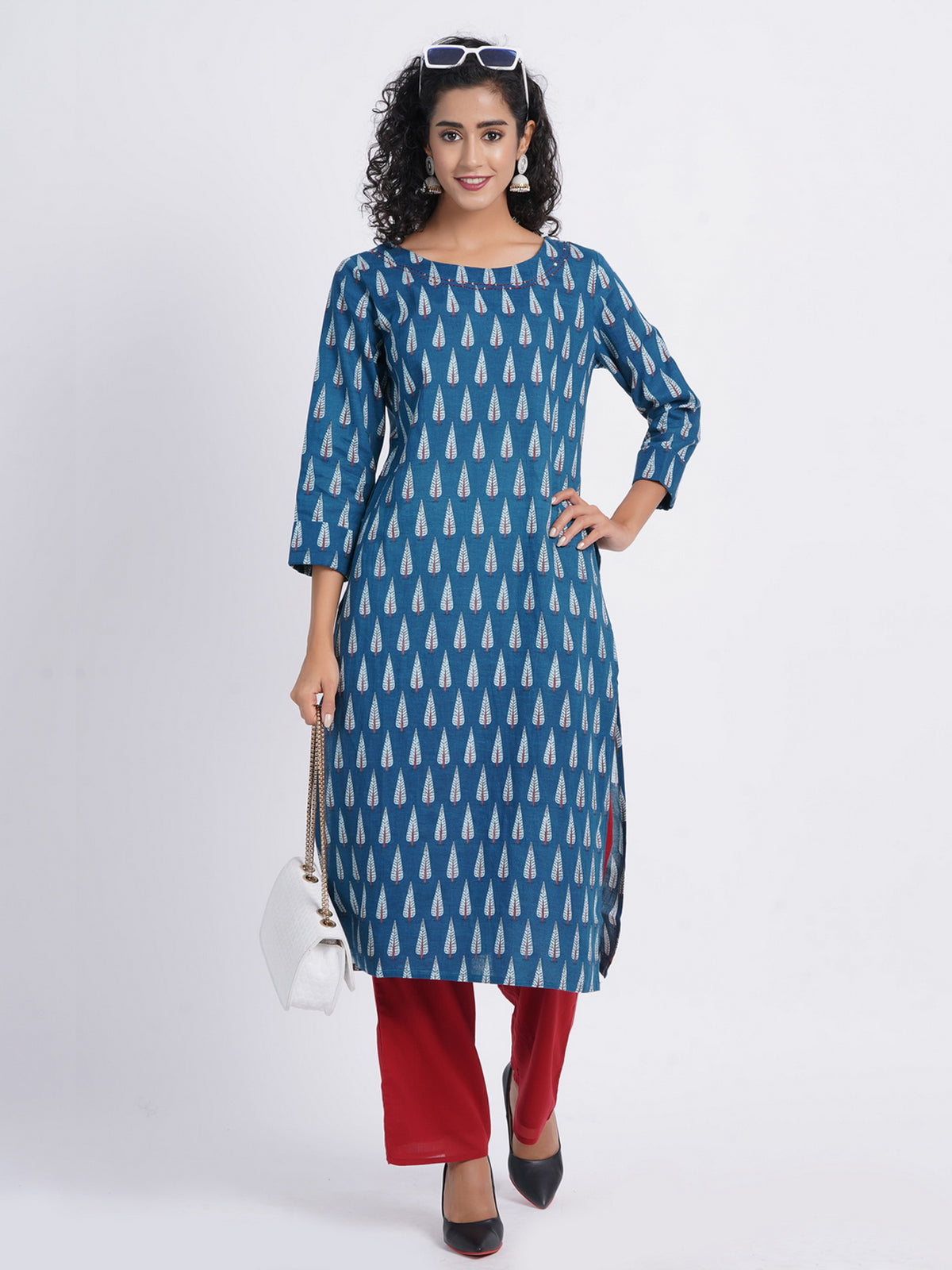 Marine Blue Casual Wear Printed Boat Neck Kurti Embellished with Handwork