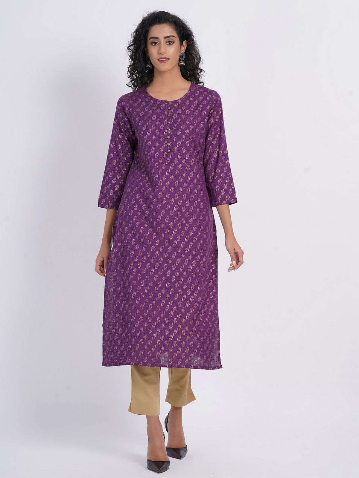 GOLD PRINT STRAIGHT KURTI WITH METAL BUTTONS
