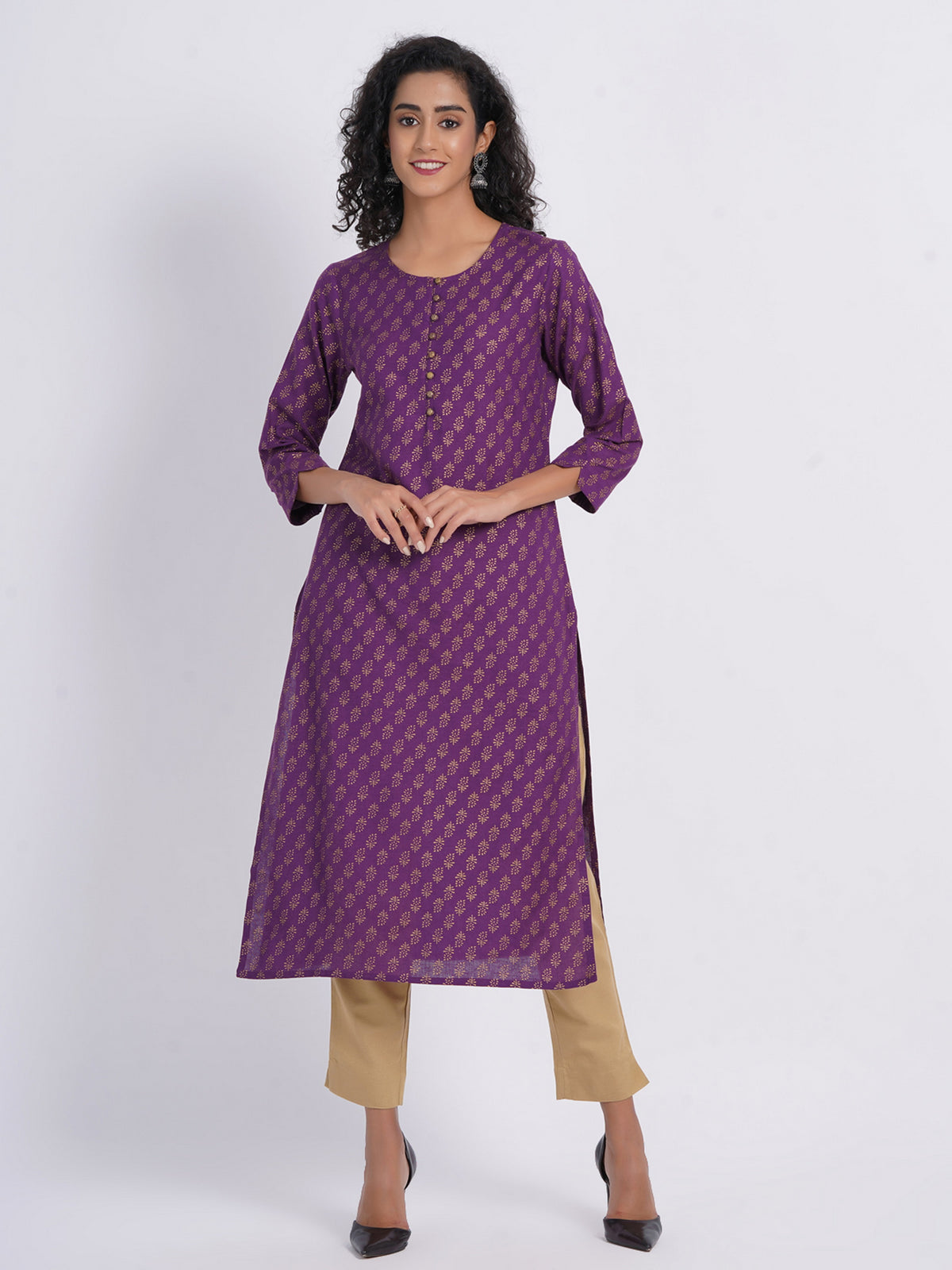 GOLD PRINT STRAIGHT KURTI WITH METAL BUTTONS