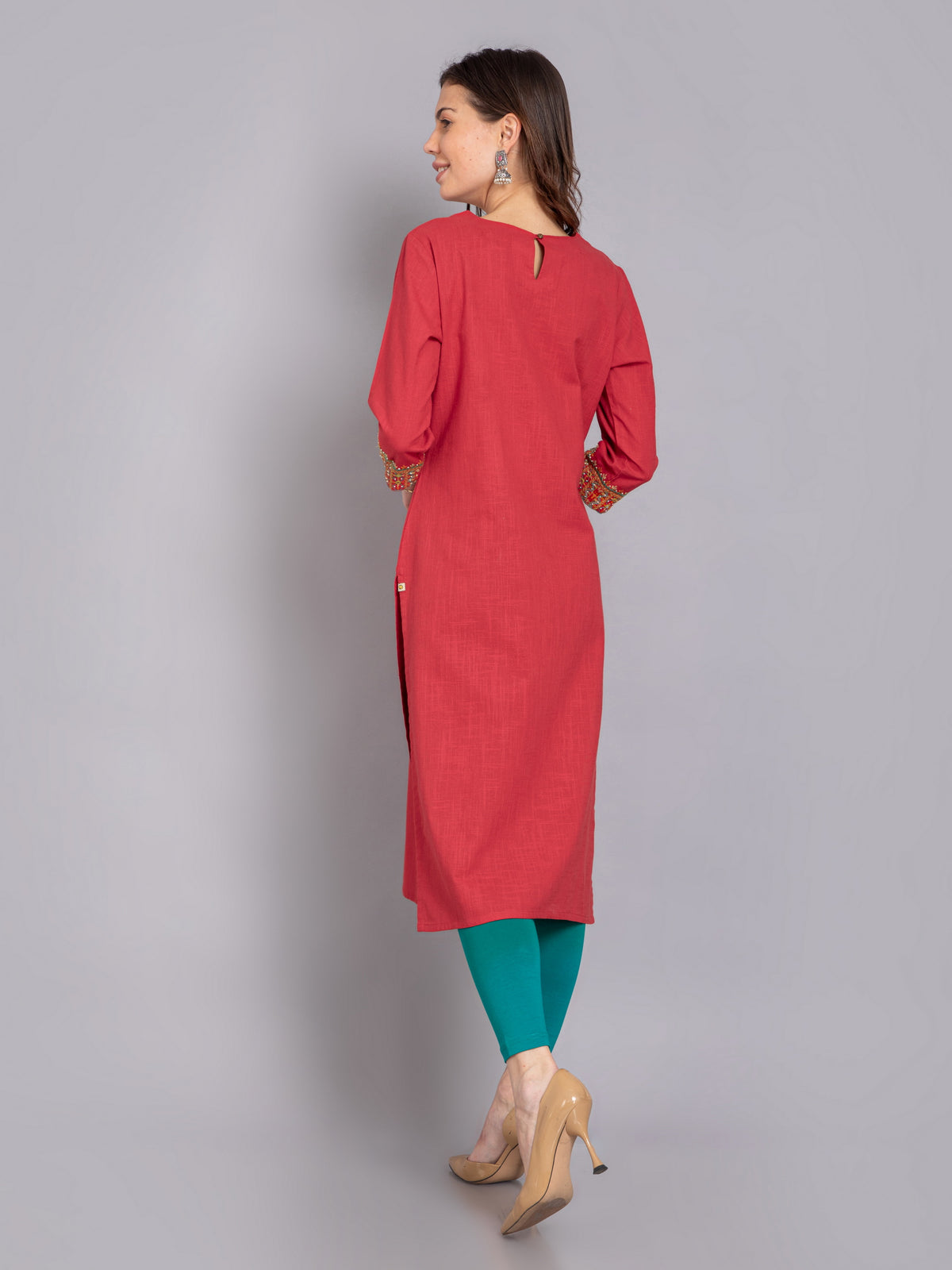 Maroon Red Kachchh Style Colorful Embroidery Straight Long Kurti