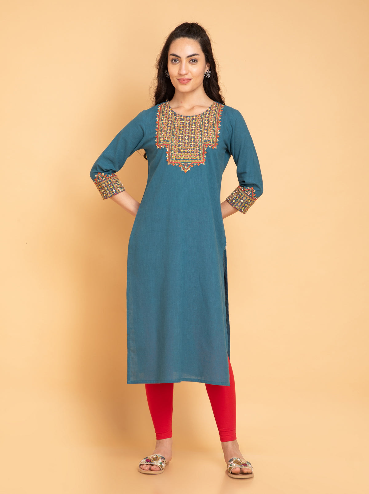 KACHCHH STYLE COLORFUL EMBROIDERY STRAIGHT LONG KURTI