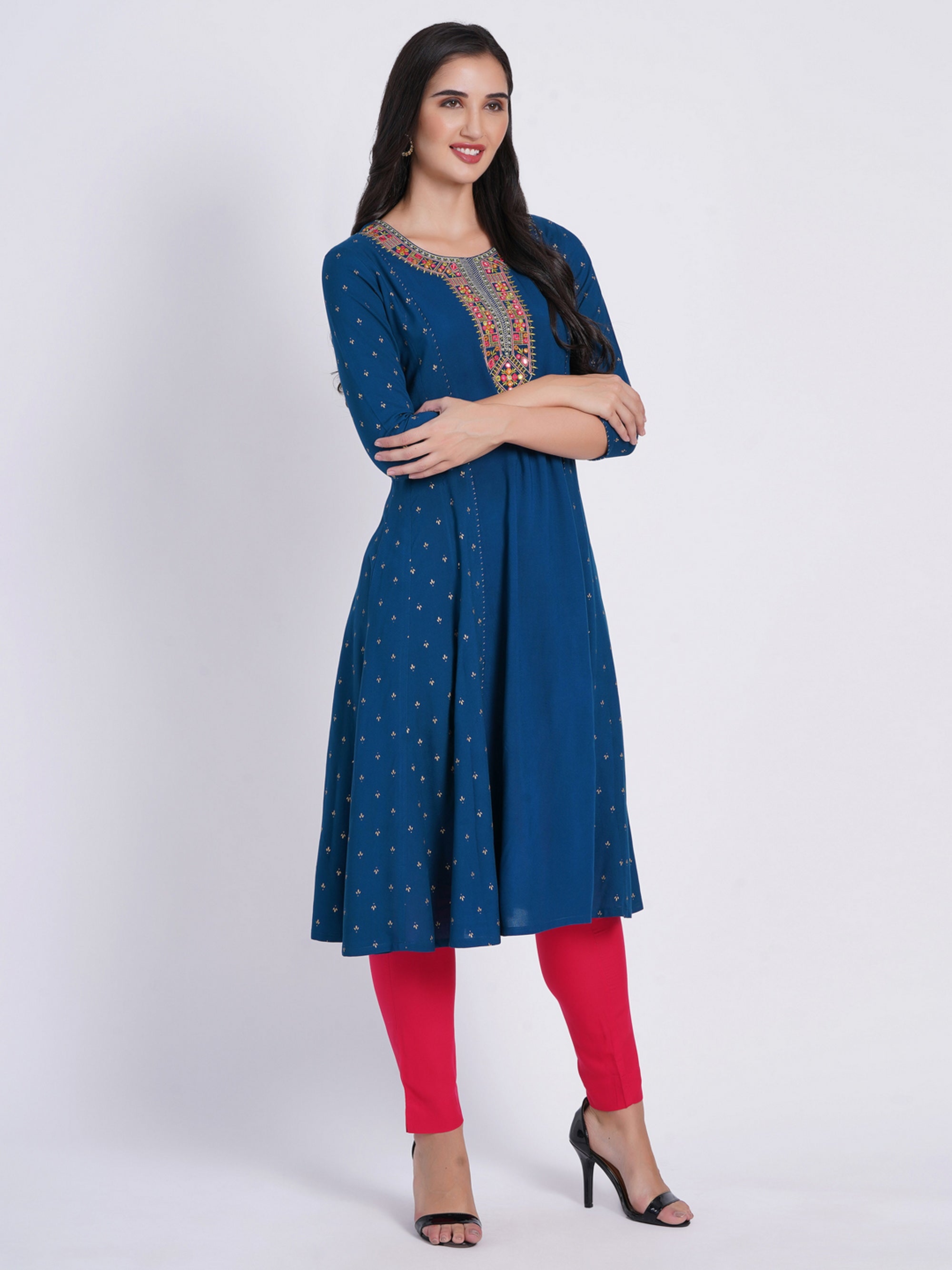 Peocock Blue 3 Pcs Kurta Set in Rayon