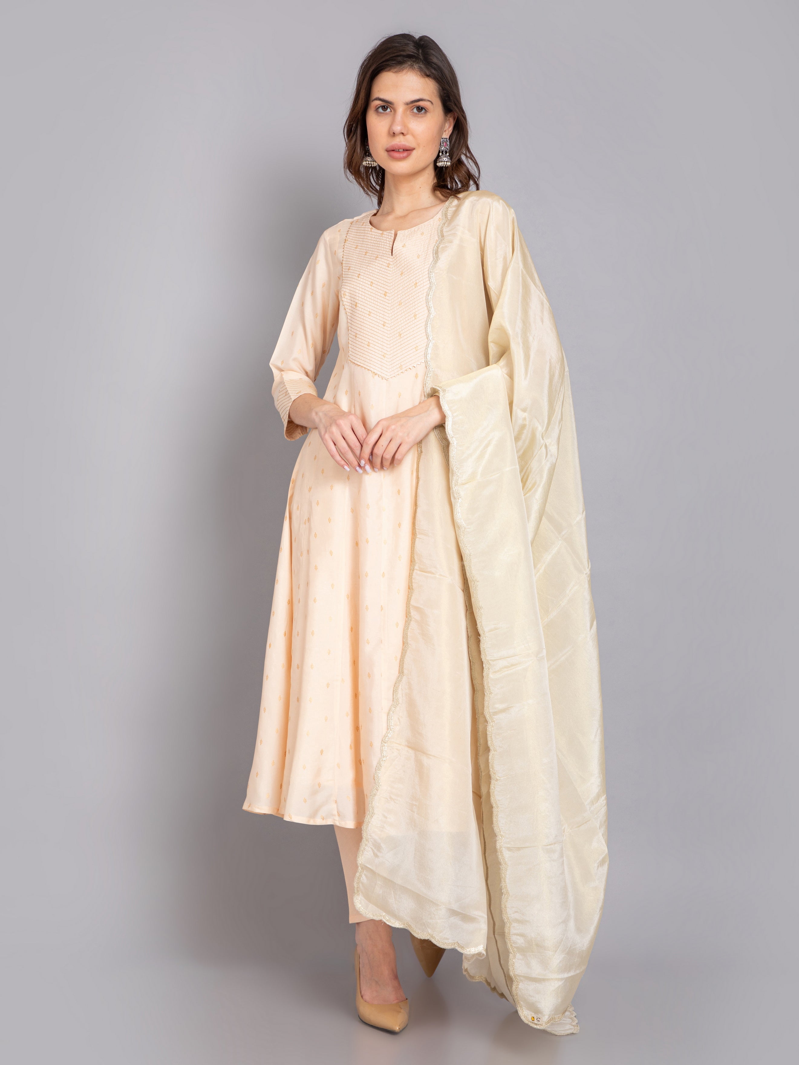 Gold Printed 3Pc Anarkali Kurta Set with Zari Couching Yoke