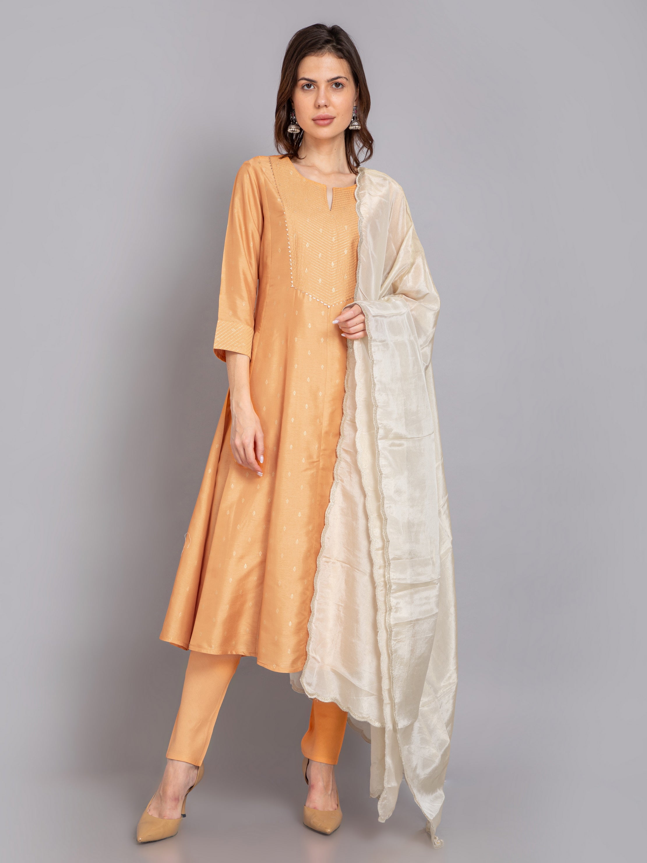 Gold Printed 3Pc Anarkali Kurta Set with Zari Couching Yoke