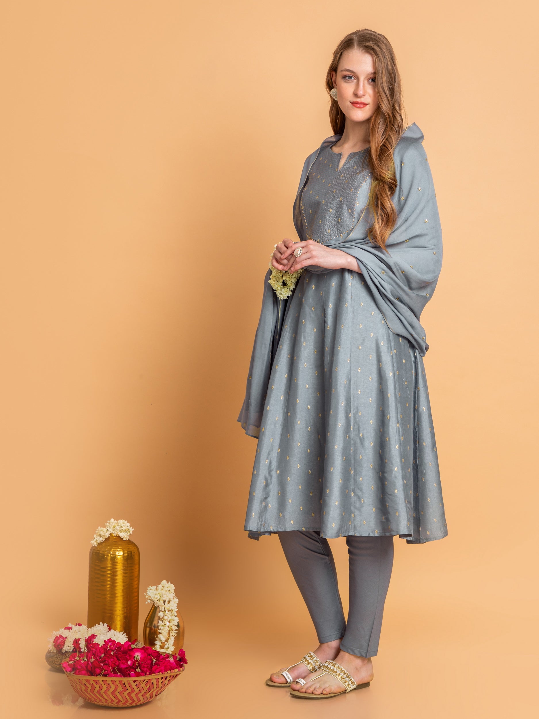 Gold Printed 3Pc Anarkali Kurta Set with Zari Couching Yoke