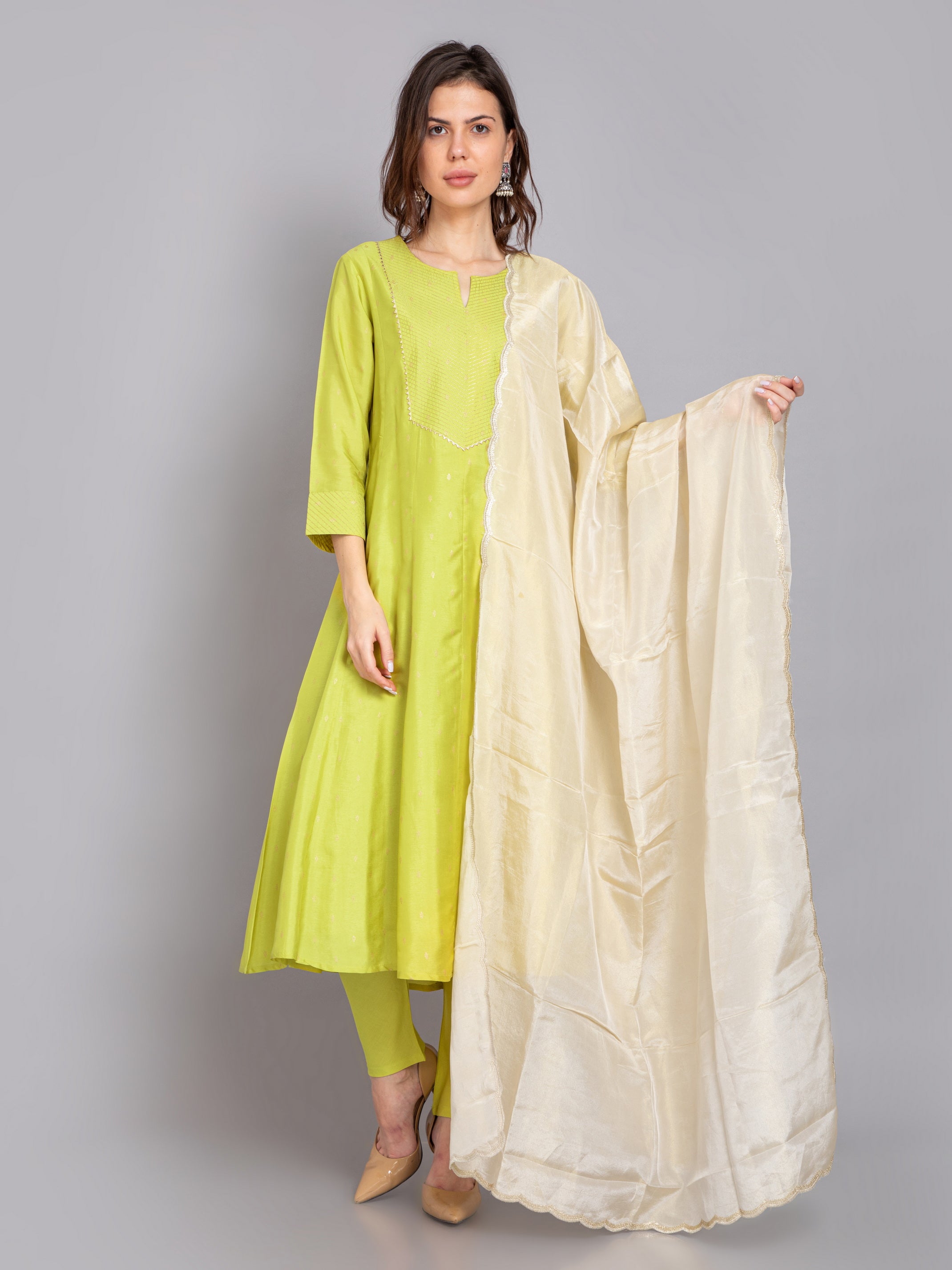 Gold Printed 3Pc Anarkali Kurta Set with Zari Couching Yoke