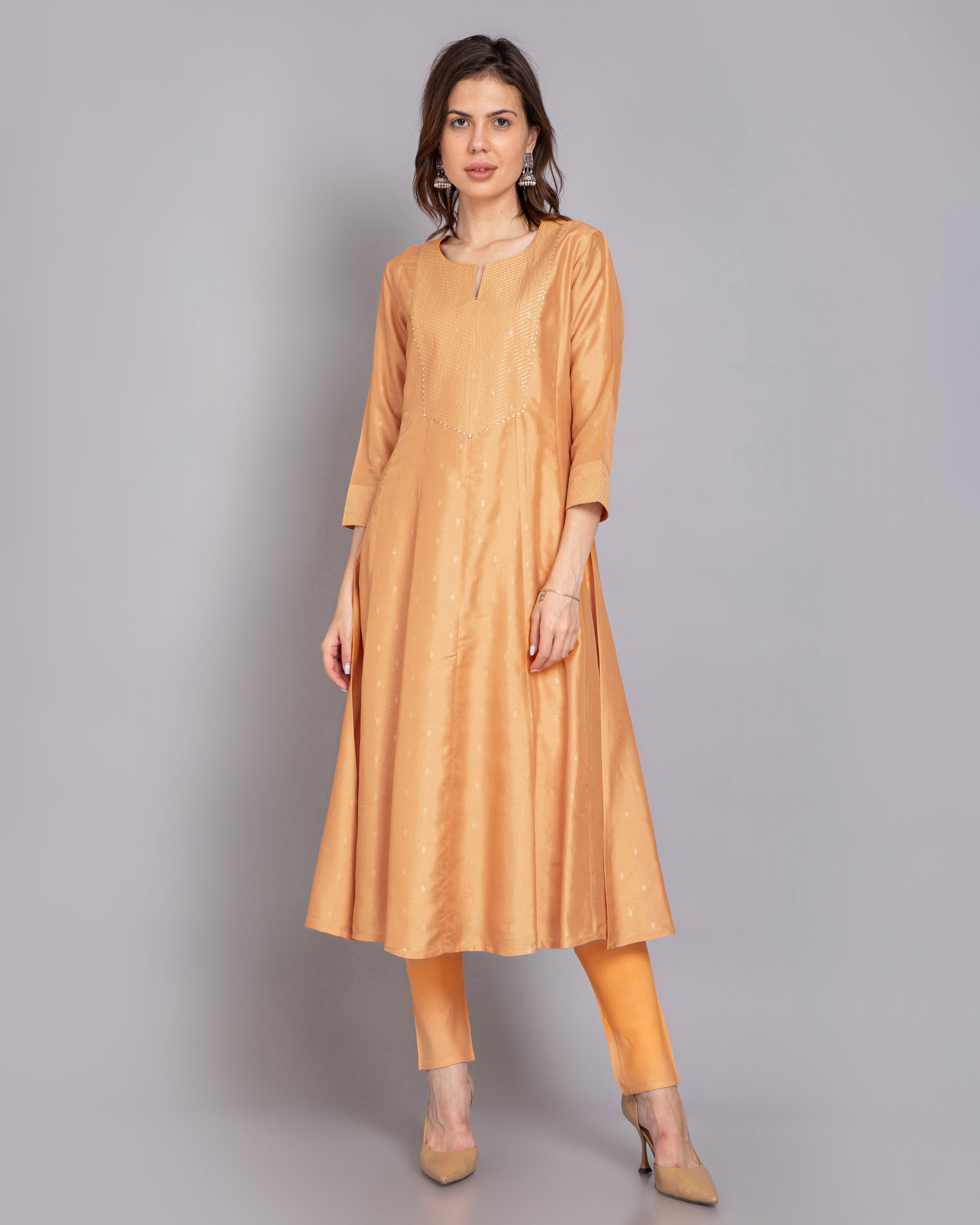 Gold Printed 3Pc Anarkali Kurta Set with Zari Couching Yoke