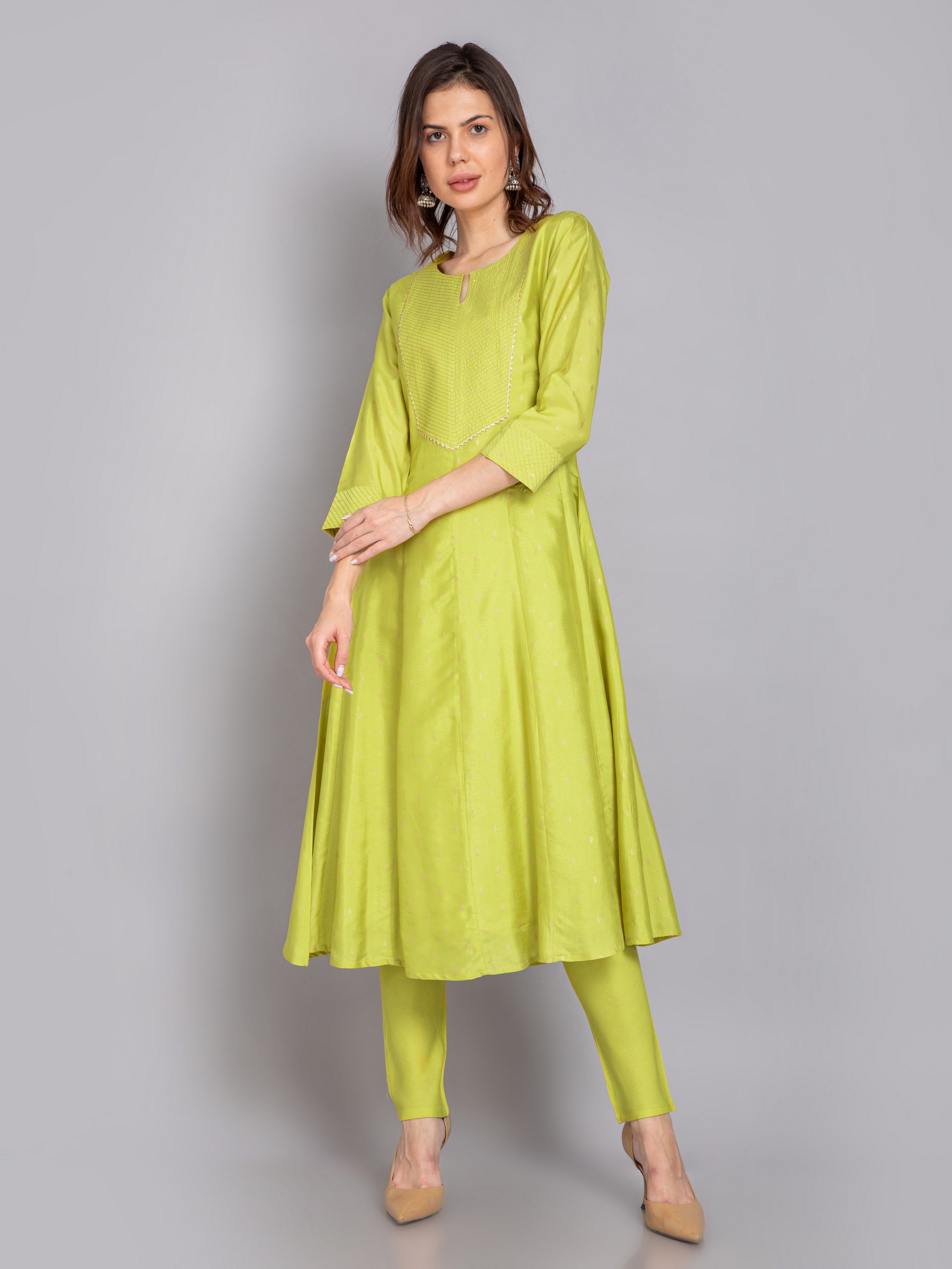 Gold Printed 3Pc Anarkali Kurta Set with Zari Couching Yoke