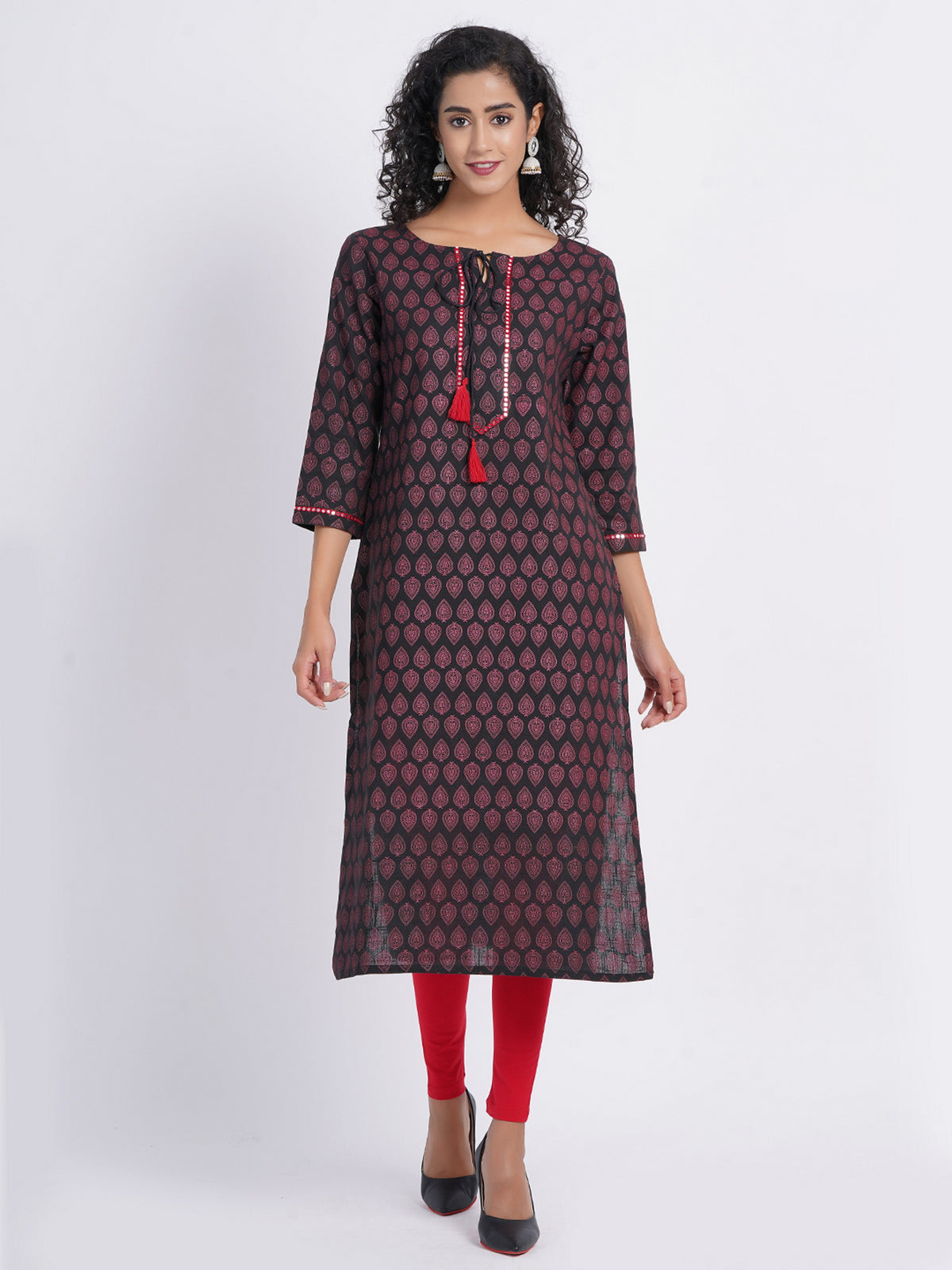PRINTED LONG KURTI WITH MIRROR EMBROIDERY