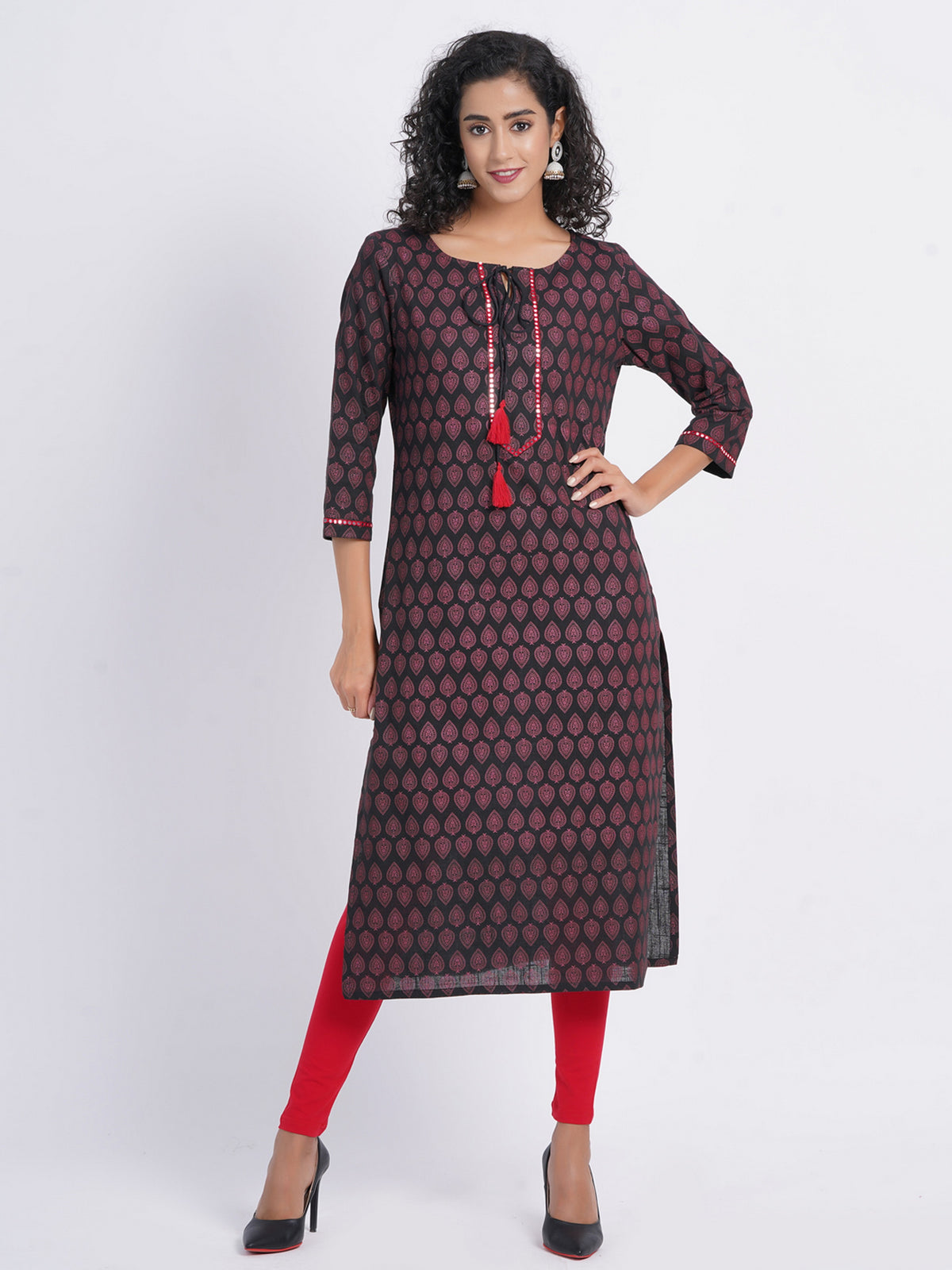 PRINTED LONG KURTI WITH MIRROR EMBROIDERY