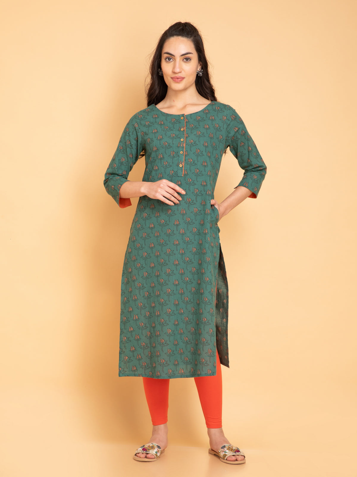 PRINTED LONG KURTI WITH FABRIC TRIMS