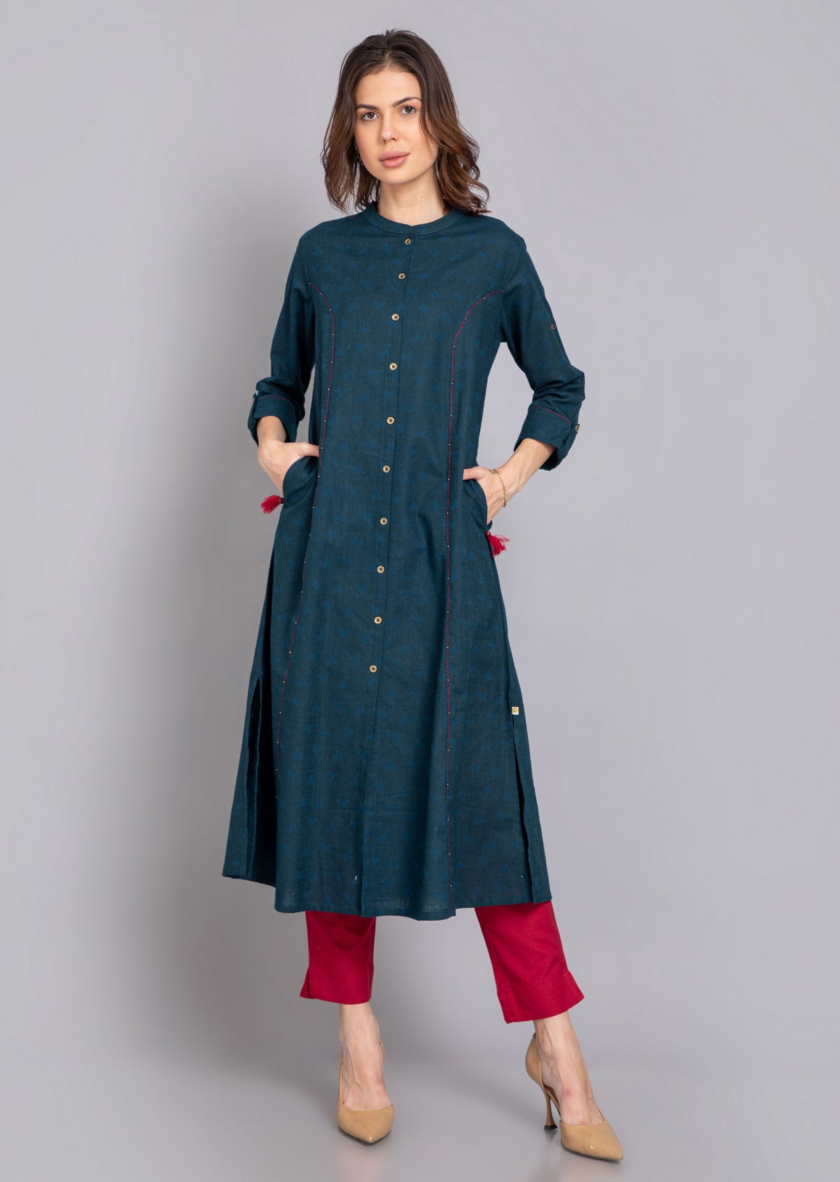TEXTURED A-LINE KURTI WITH KANTHA DETAIL