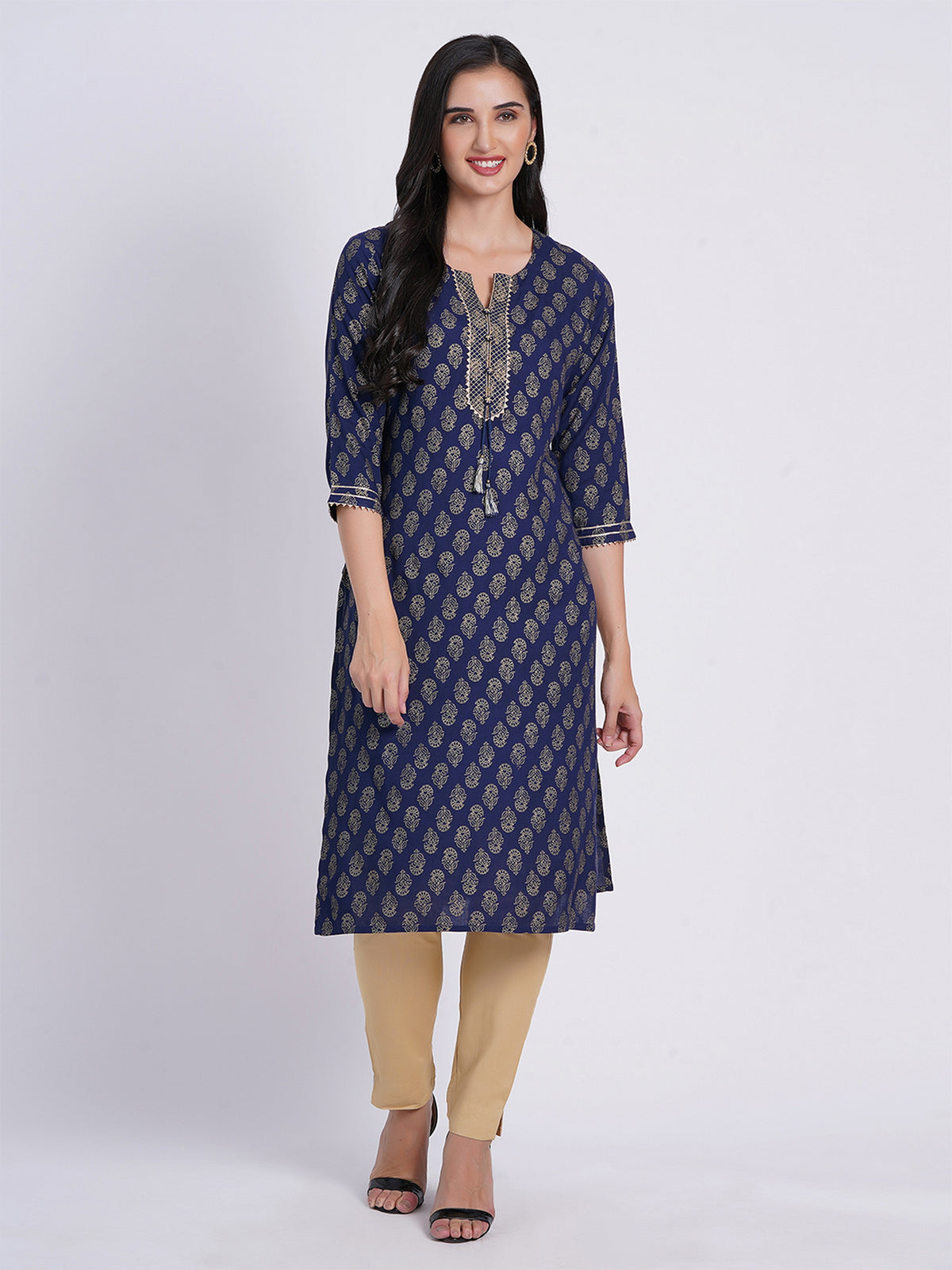GOLD PRINT KURTI EMBELLISHED WITH HAND CRAFT DETAILS