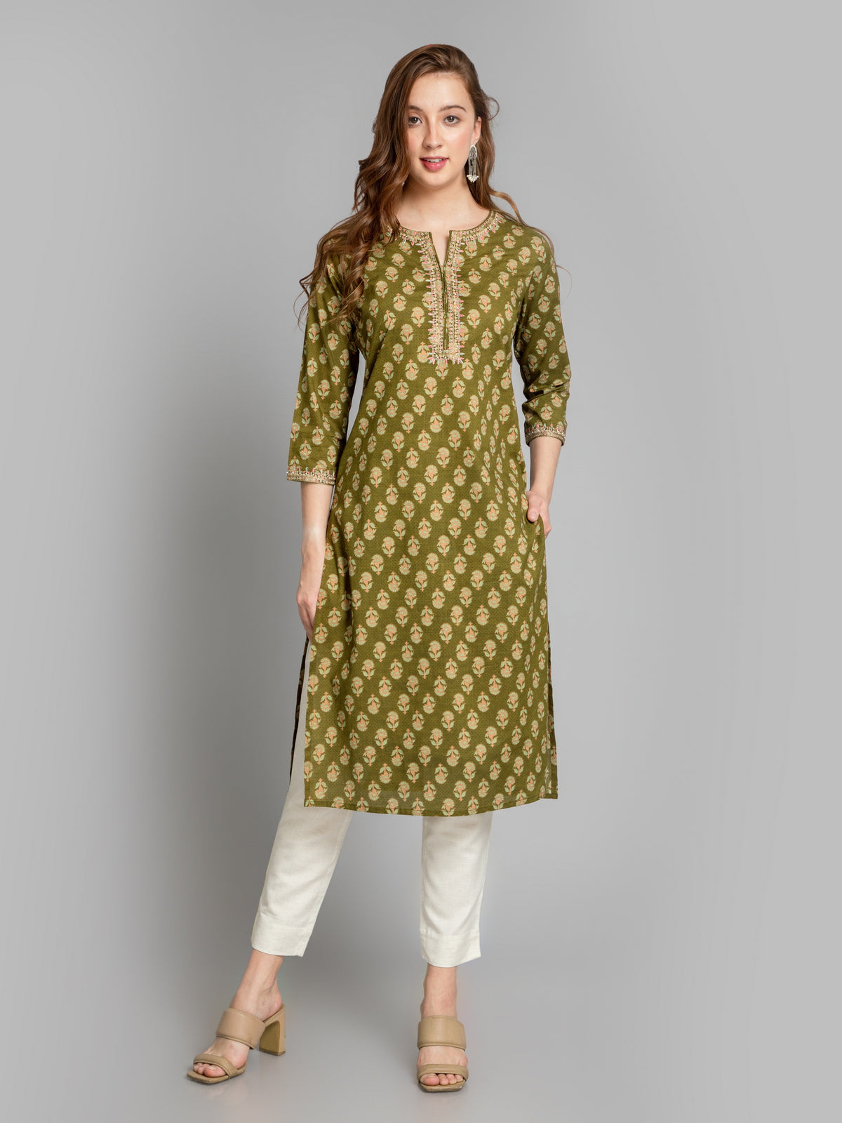 Mul-Cotton Printed Kurta Embellished With Delicate Emb.