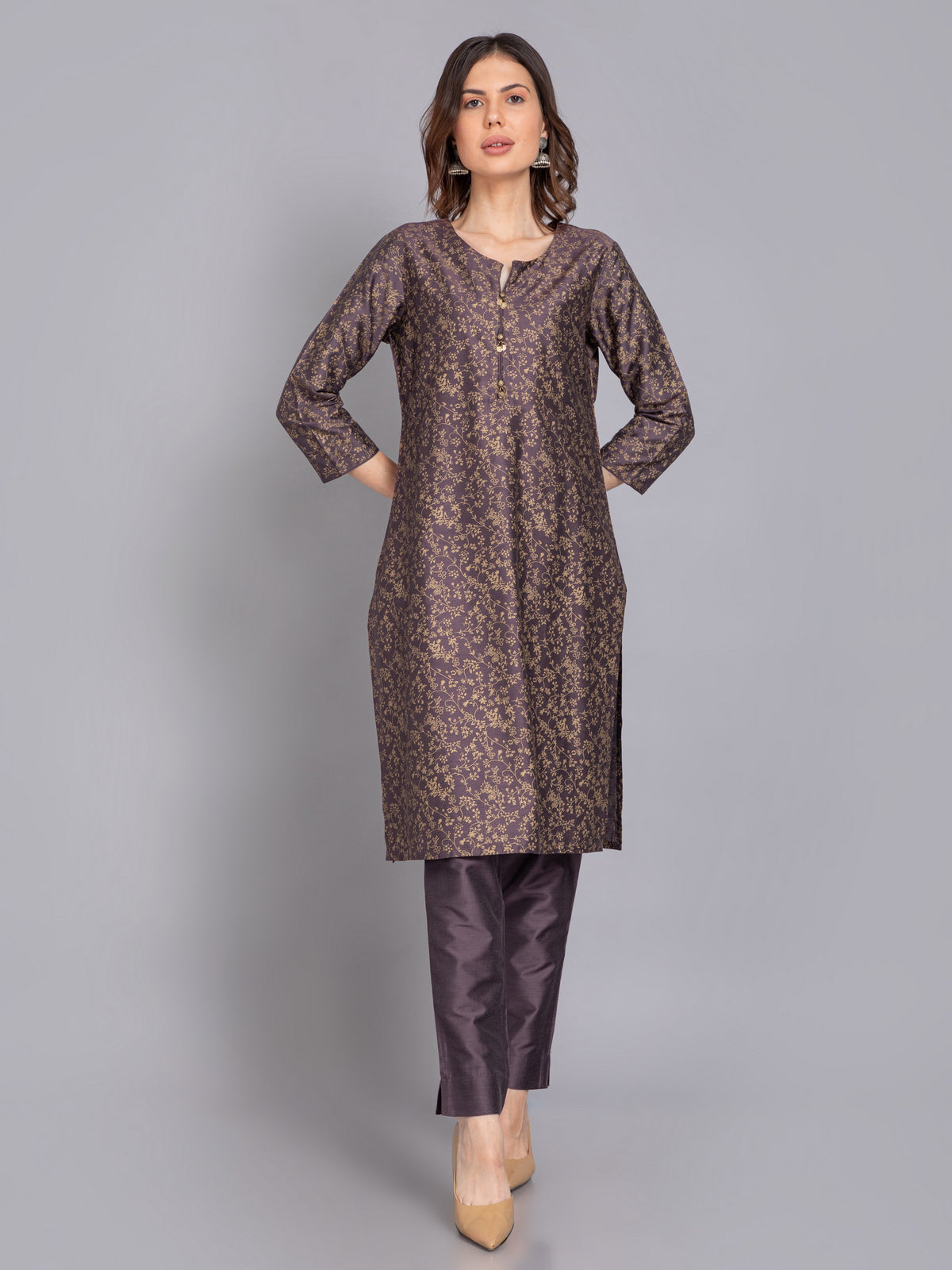 GOLD PRINTED 2PC KURTA PANT SET WITH METAL CRAFT DETAILS