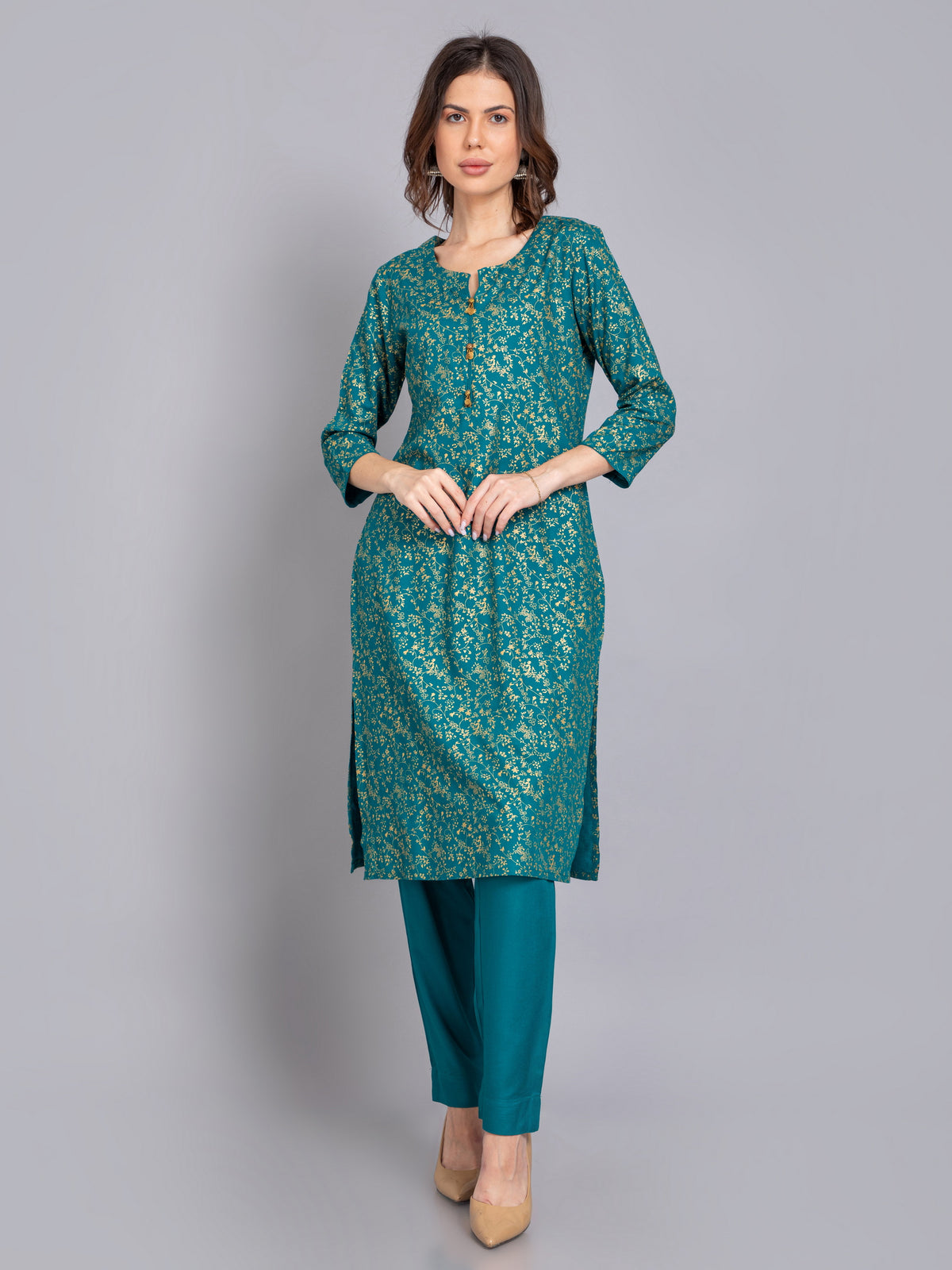 GOLD PRINTED 2PCS KURTA PANT SET WITH METAL TRIMS