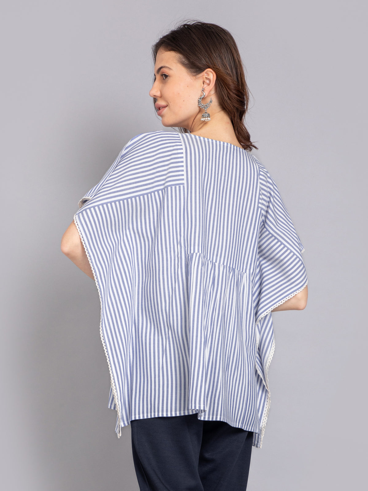 YARN DYED STRIPE KAFTAN TOP WITH LACE DETAIL