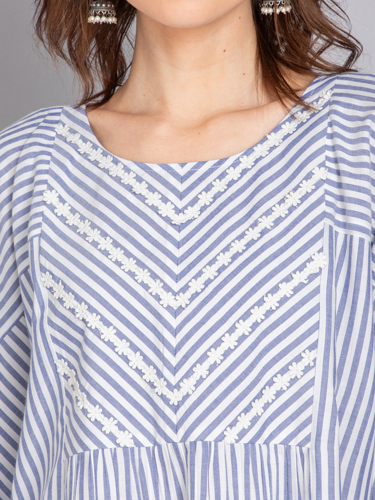 YARN DYED STRIPE KAFTAN TOP WITH LACE DETAIL