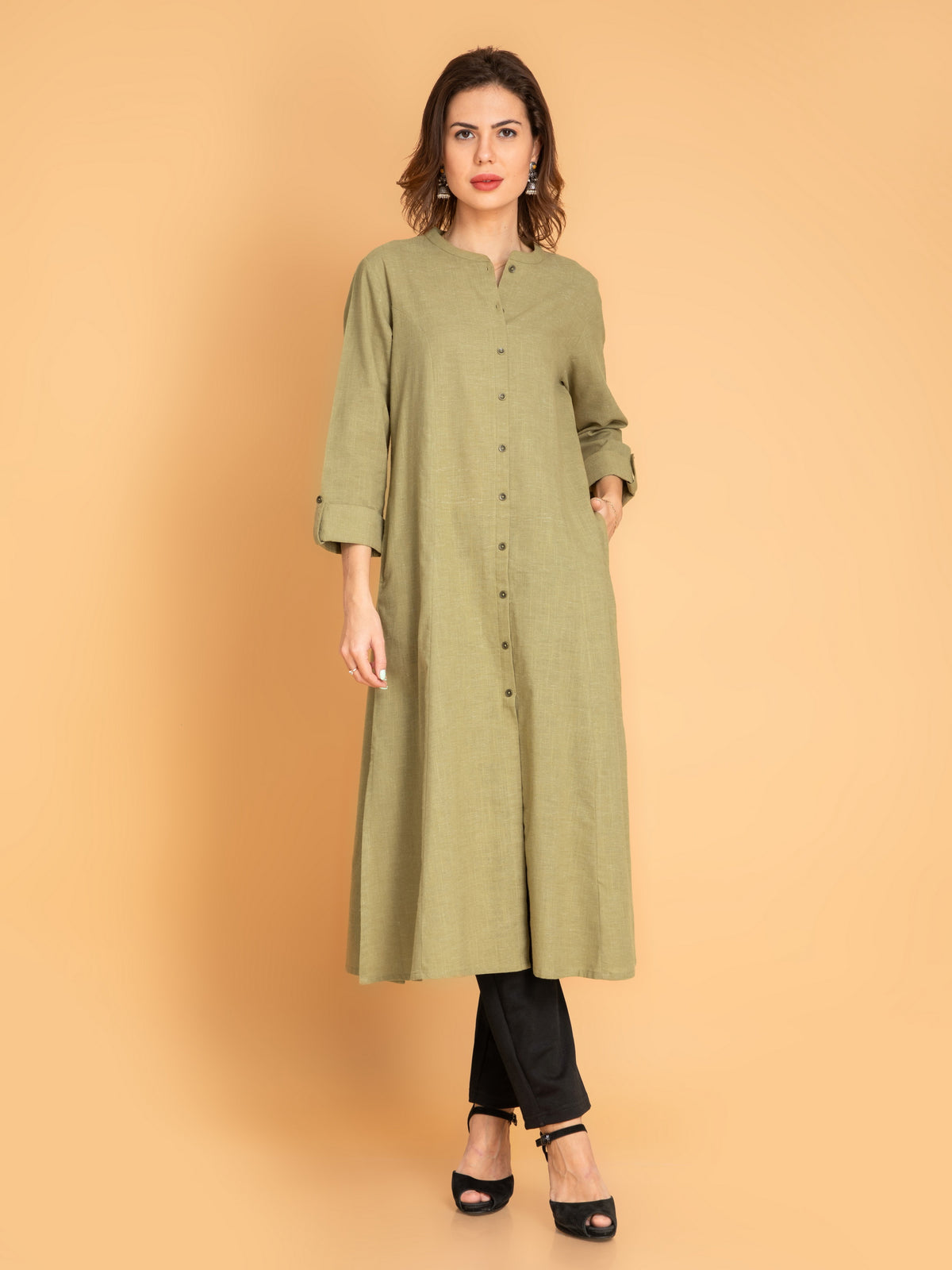 A-Line Long Kurti With Fancy Metal Buttons