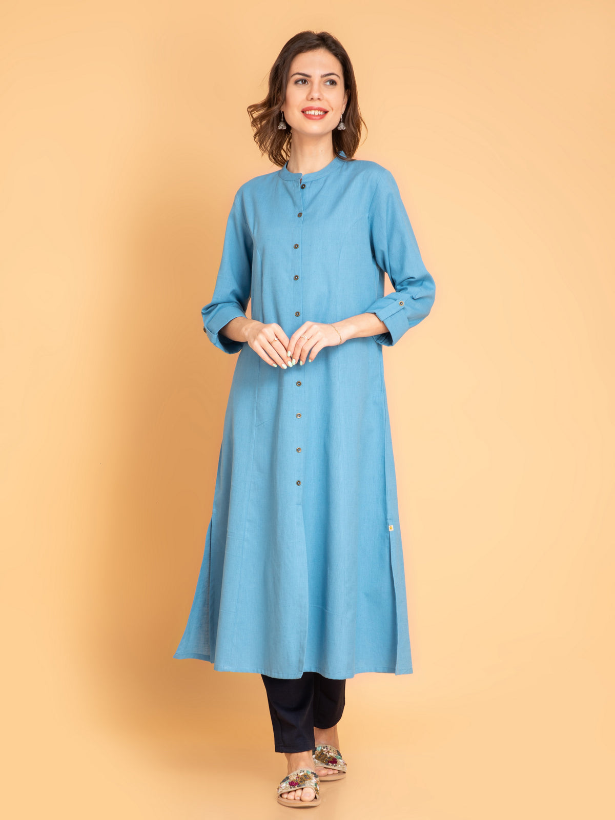 Linen Blend A-Line Long Kurta with Metal Buttons