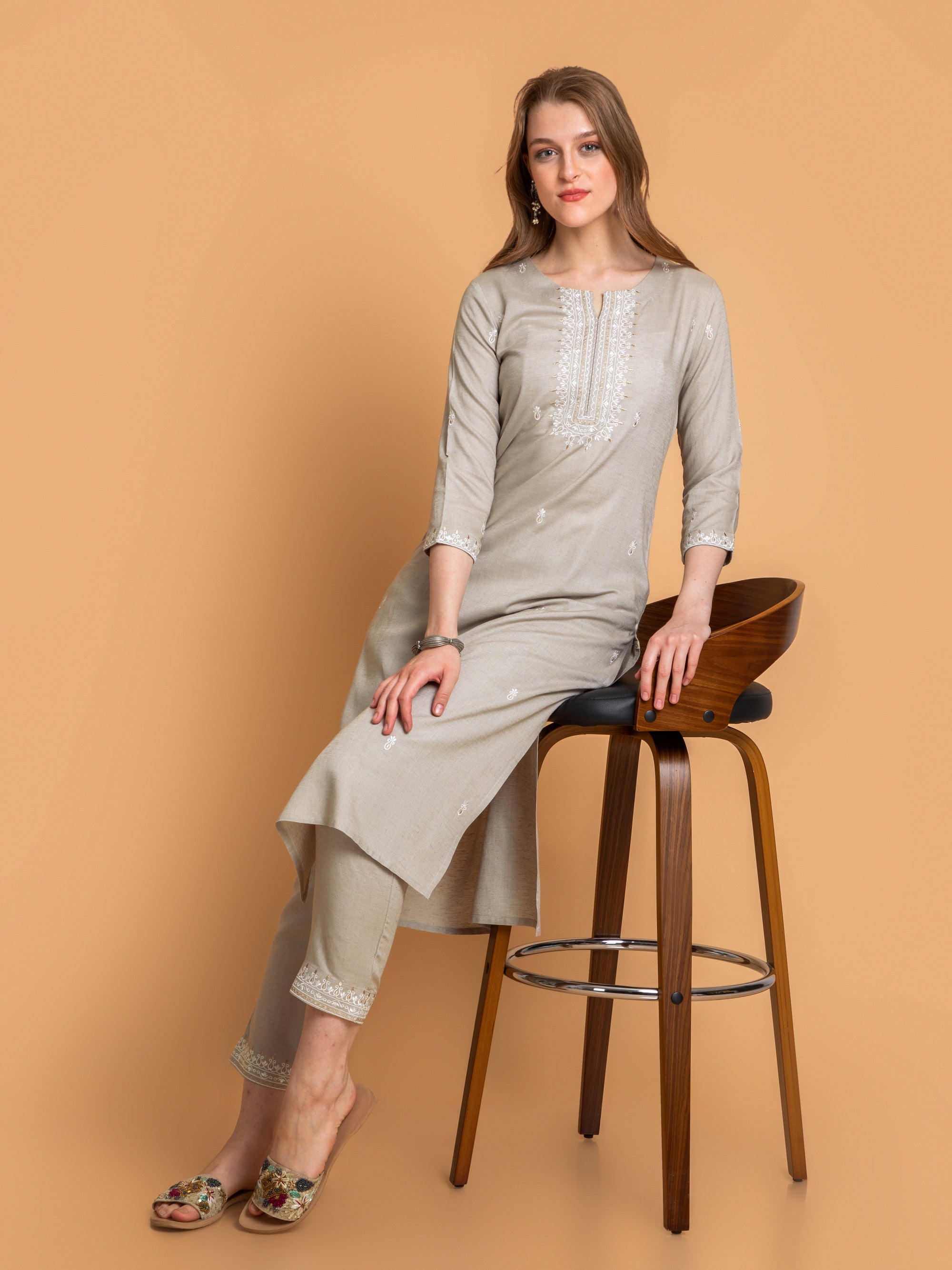 Light Grey 3 Pcs Kurta Set in Rayon Linen