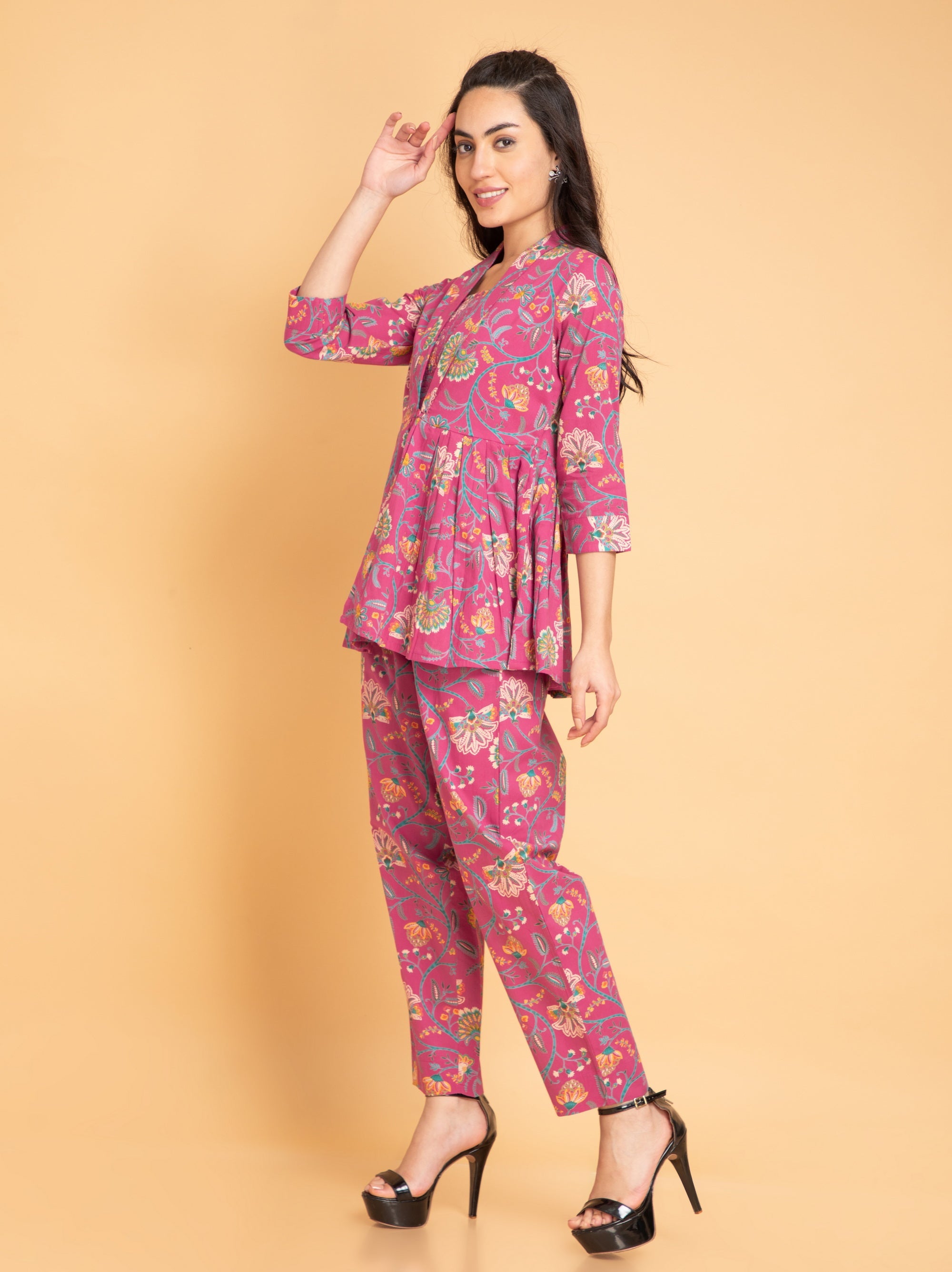 Pink 3pcs Co-ord Set in Mul Cotton