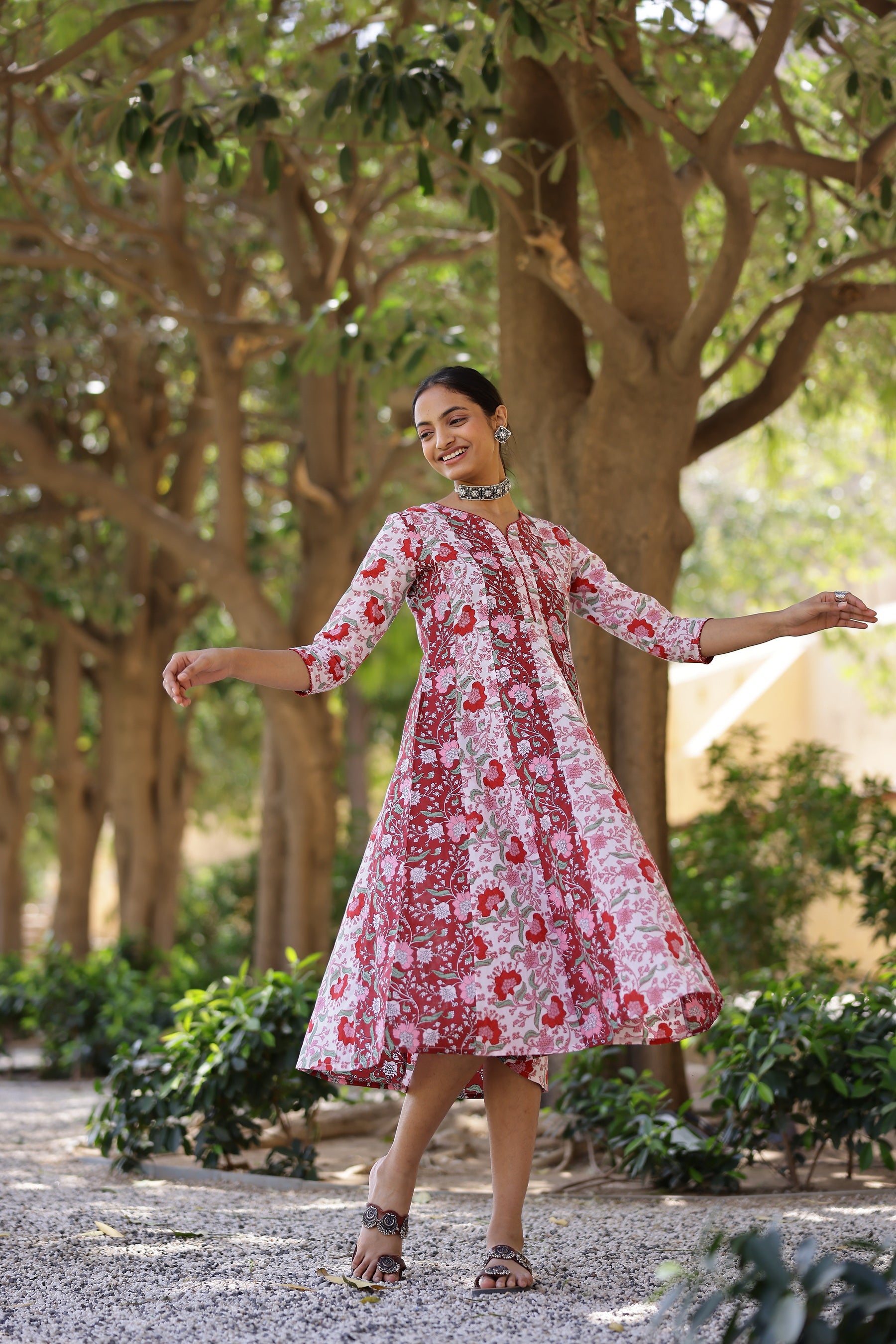 Mul Cotton Printed Kalidar Kurti with Zari Work