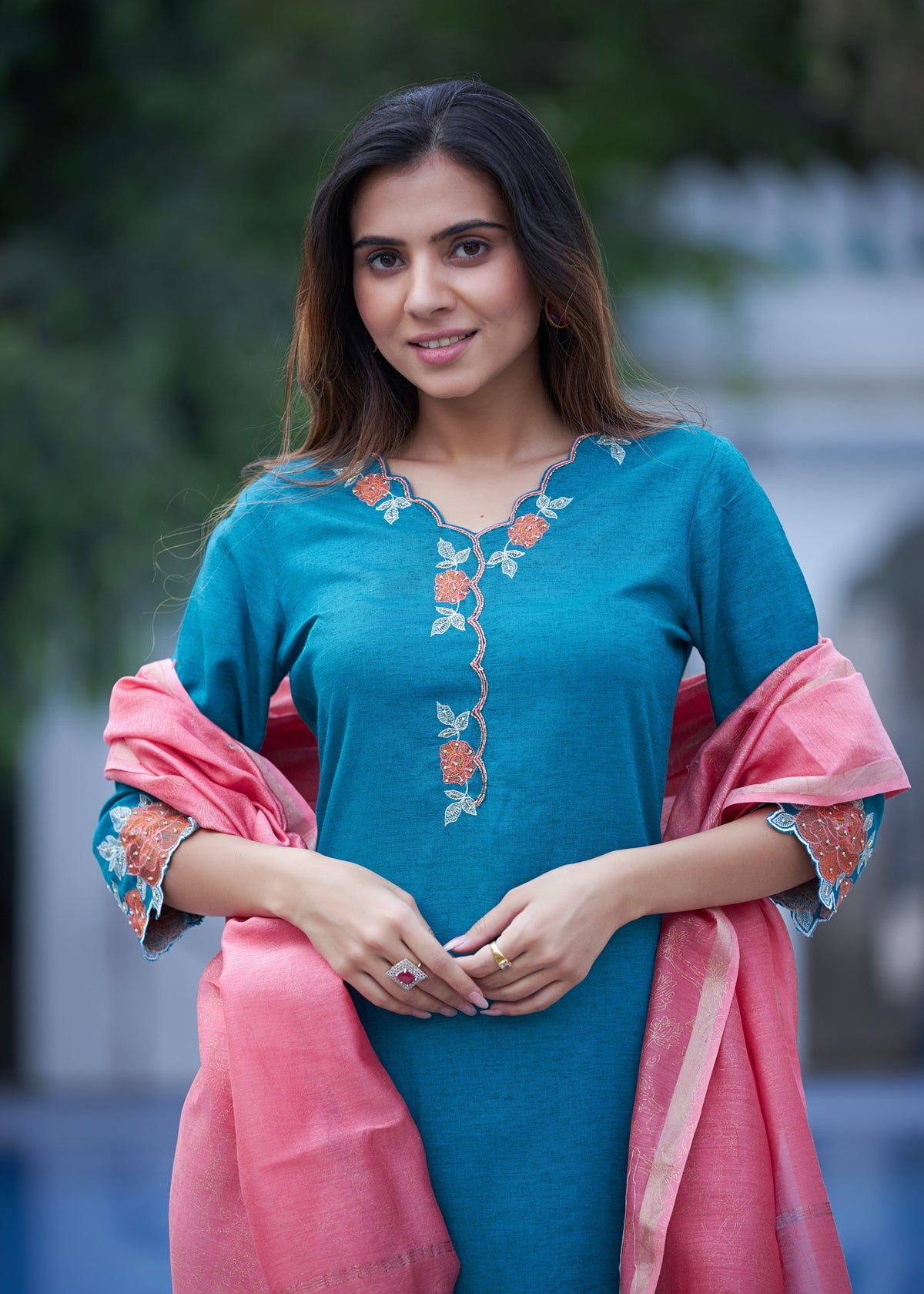 SCALOP EMBROIDERY 3PCS.KURTA PANT SET WITH ADDA WORK