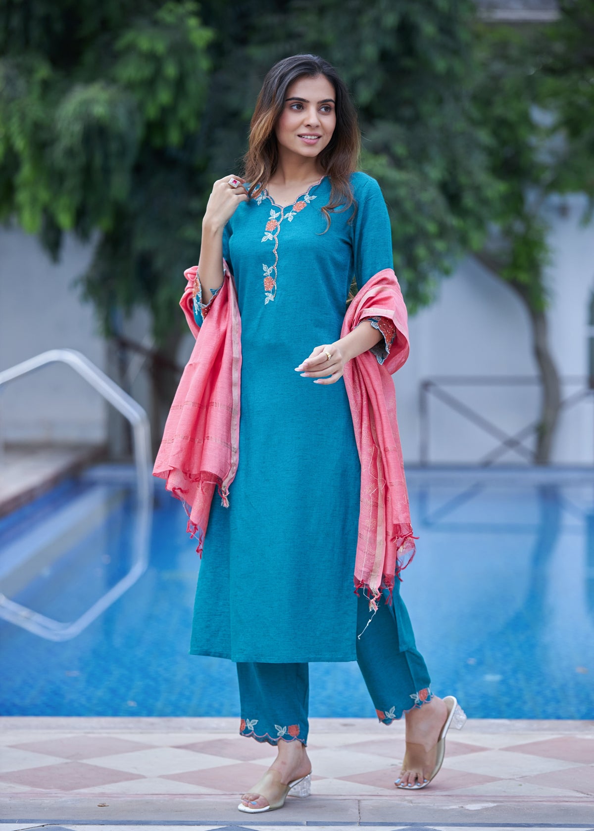 SCALOP EMBROIDERY 3PCS.KURTA PANT SET WITH ADDA WORK