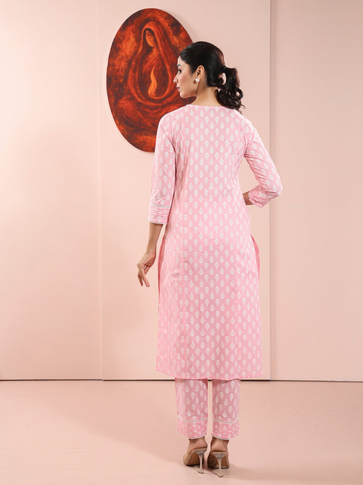 Pink Stripe Embroidered Mul Cotton Kurta Set with Dupatta