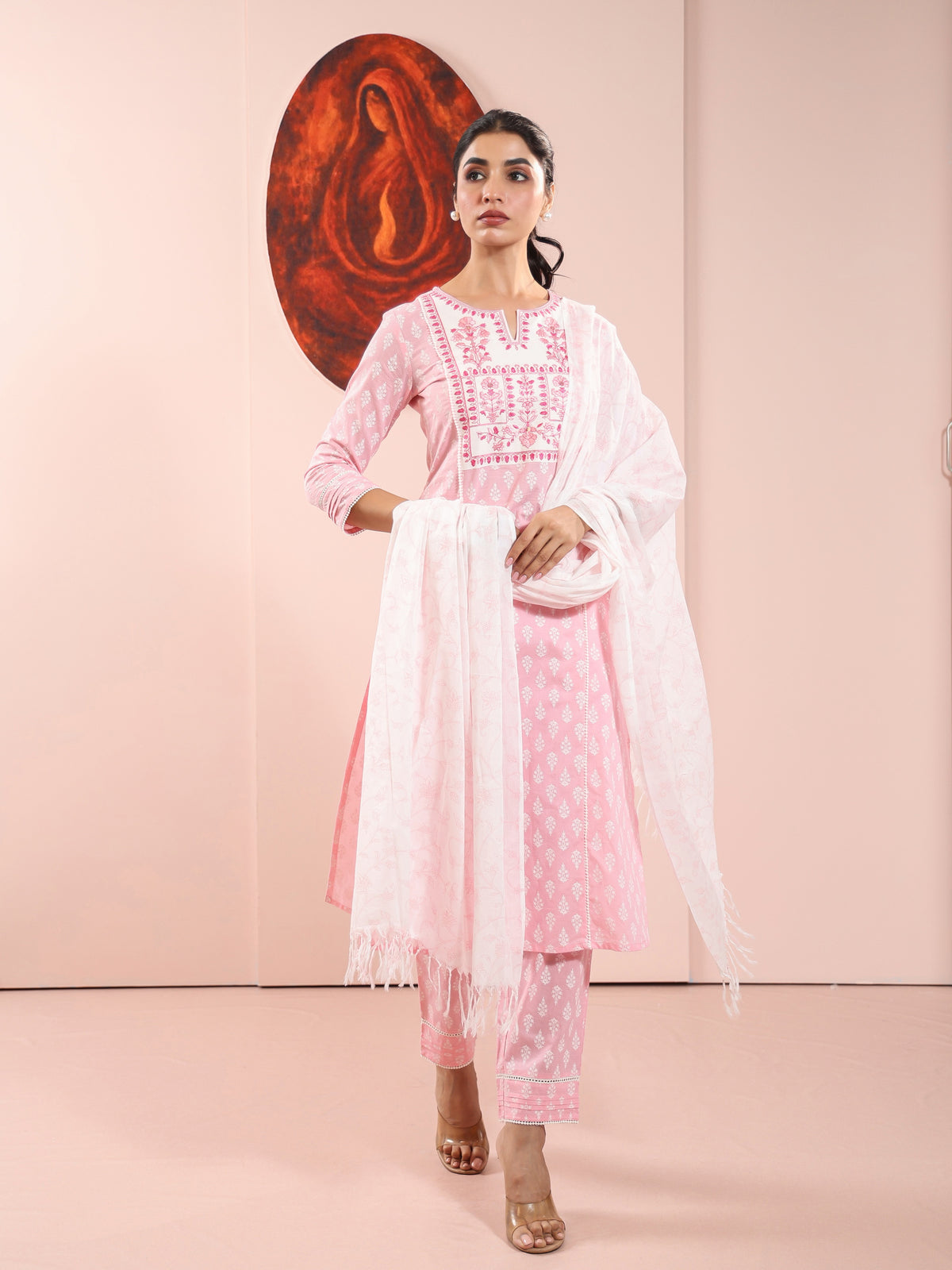 Pink Stripe Embroidered Mul Cotton Kurta Set with Dupatta
