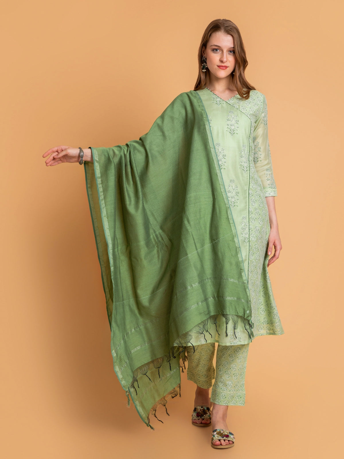 Chanderi Silk Angrakha 3Pc Kurta Pant Dupatta Set