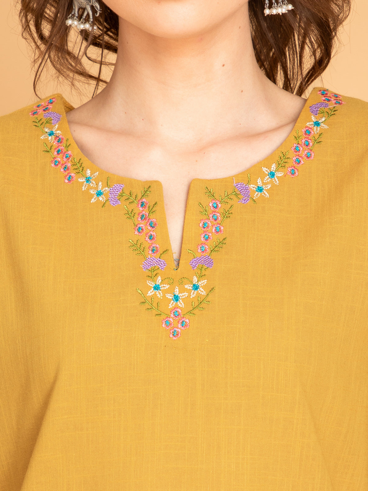 COTTON SLUB EMBROIDERED LONG KURTI WITH KANTHA DETAIL