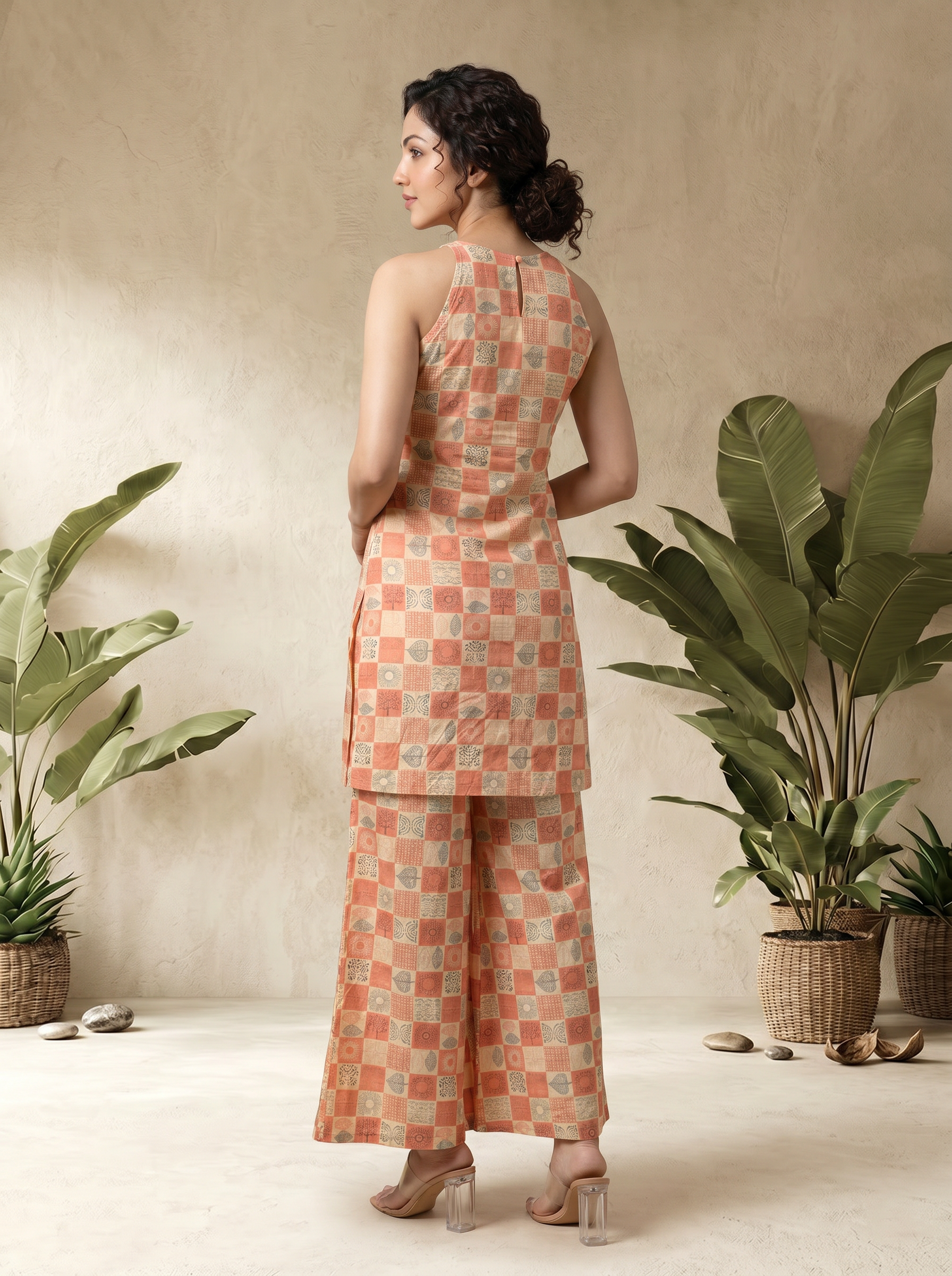 Peach Geometrical Print Mul Cotton Co-Ord Set