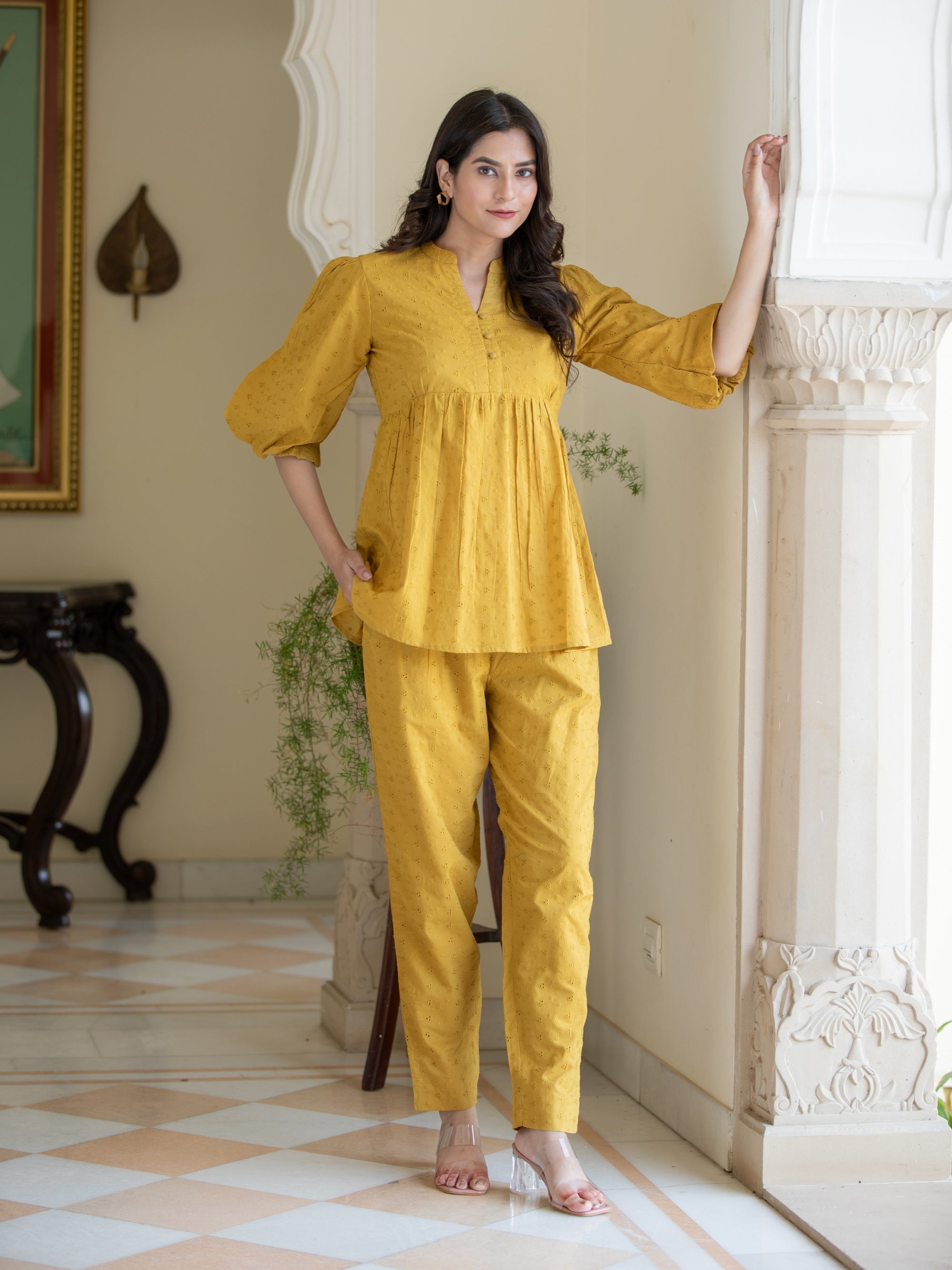 Ecru Olive 2 Pcs Co-ord Set in Mul Cotton