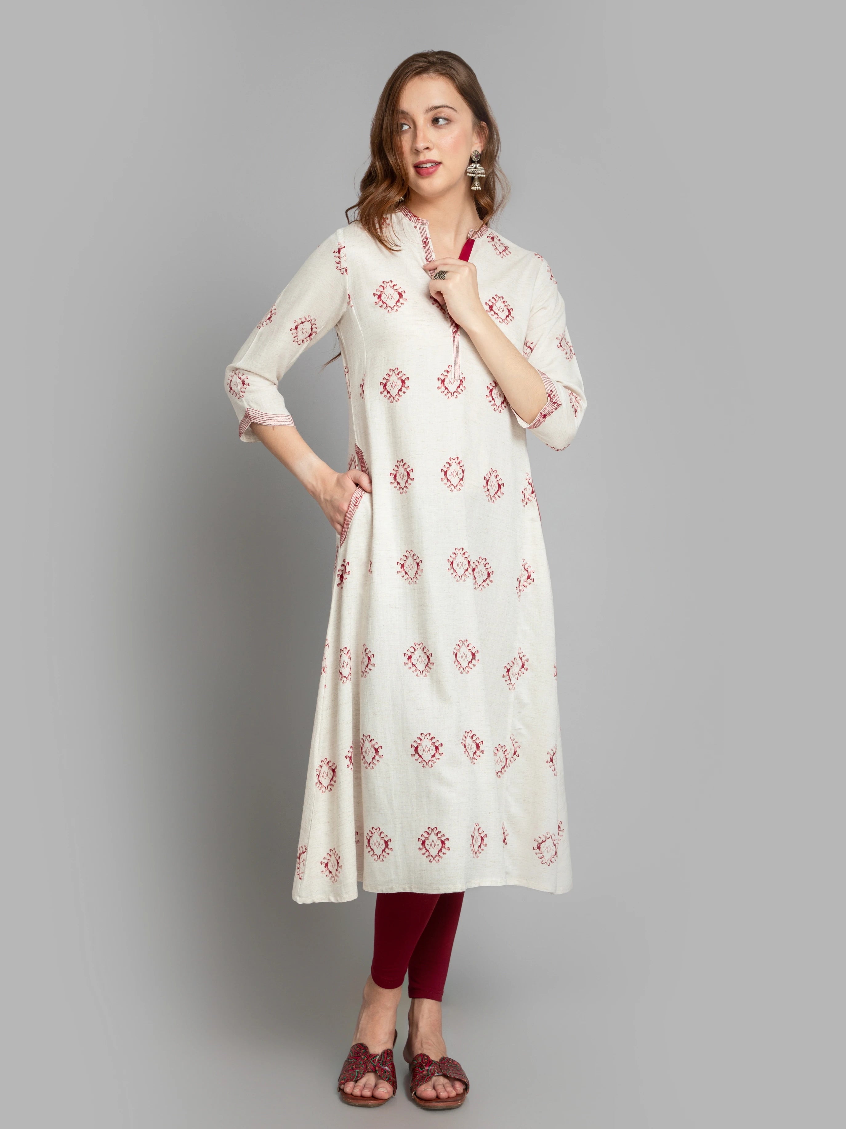 SUTI WOMEN RAYON LINEN BLEND A-LINE LONG DRESS WITH THREAD DETAILS   sutionline