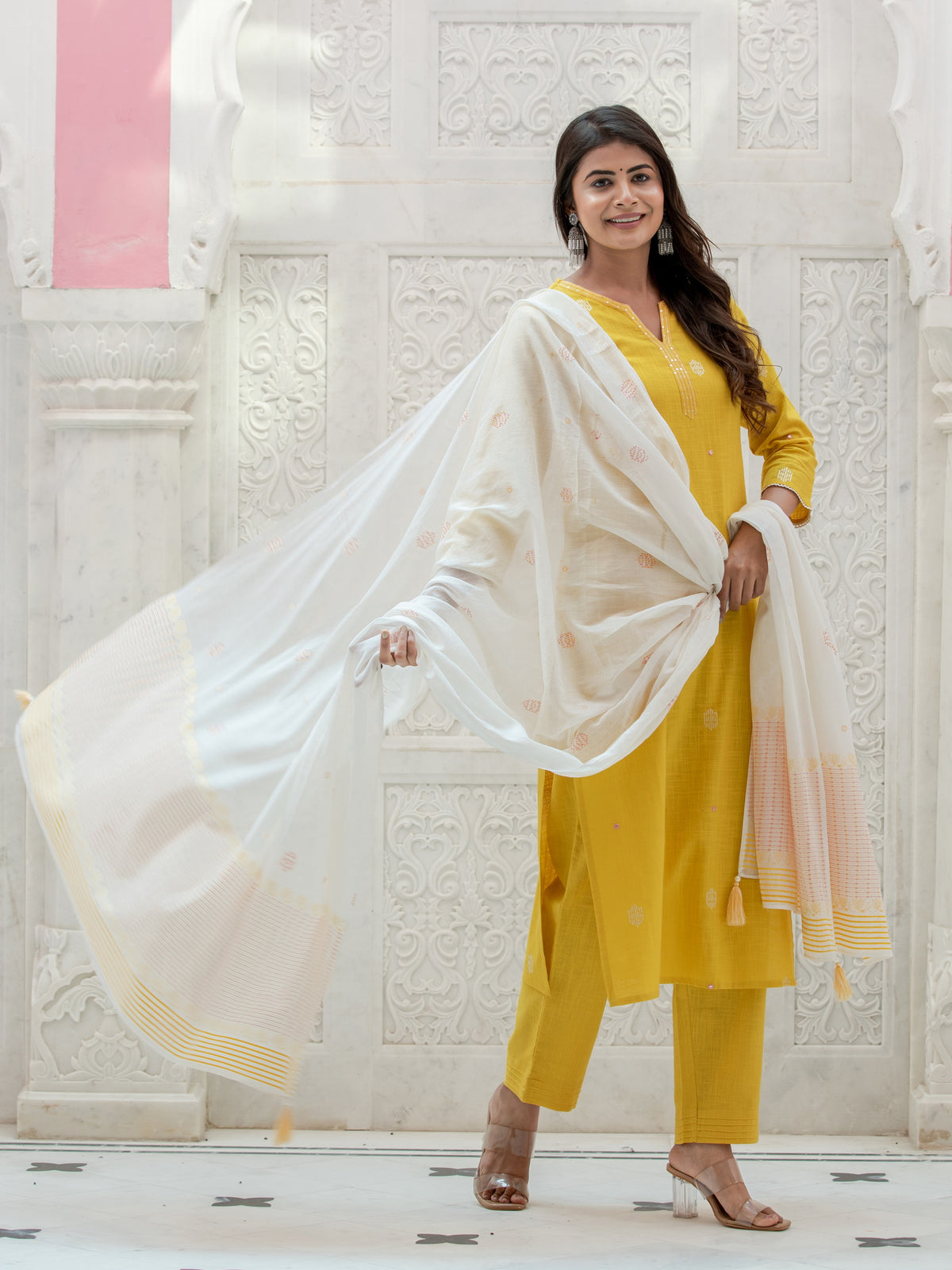 3PC MIRROR WORK EMBROIDERED KURTA PANT SET
