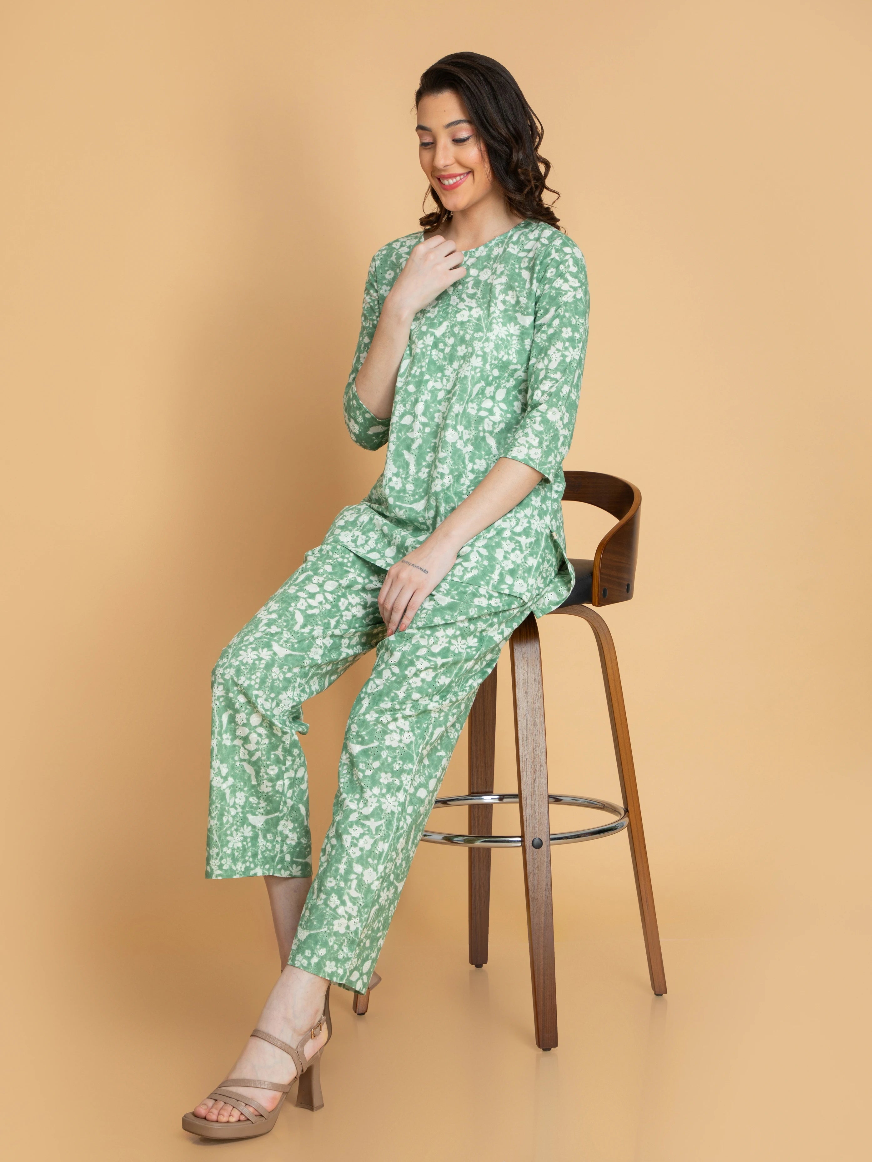 Women Fair Green PRINTED SCHIFFLI CO-ORD SET HAND CRAFTED