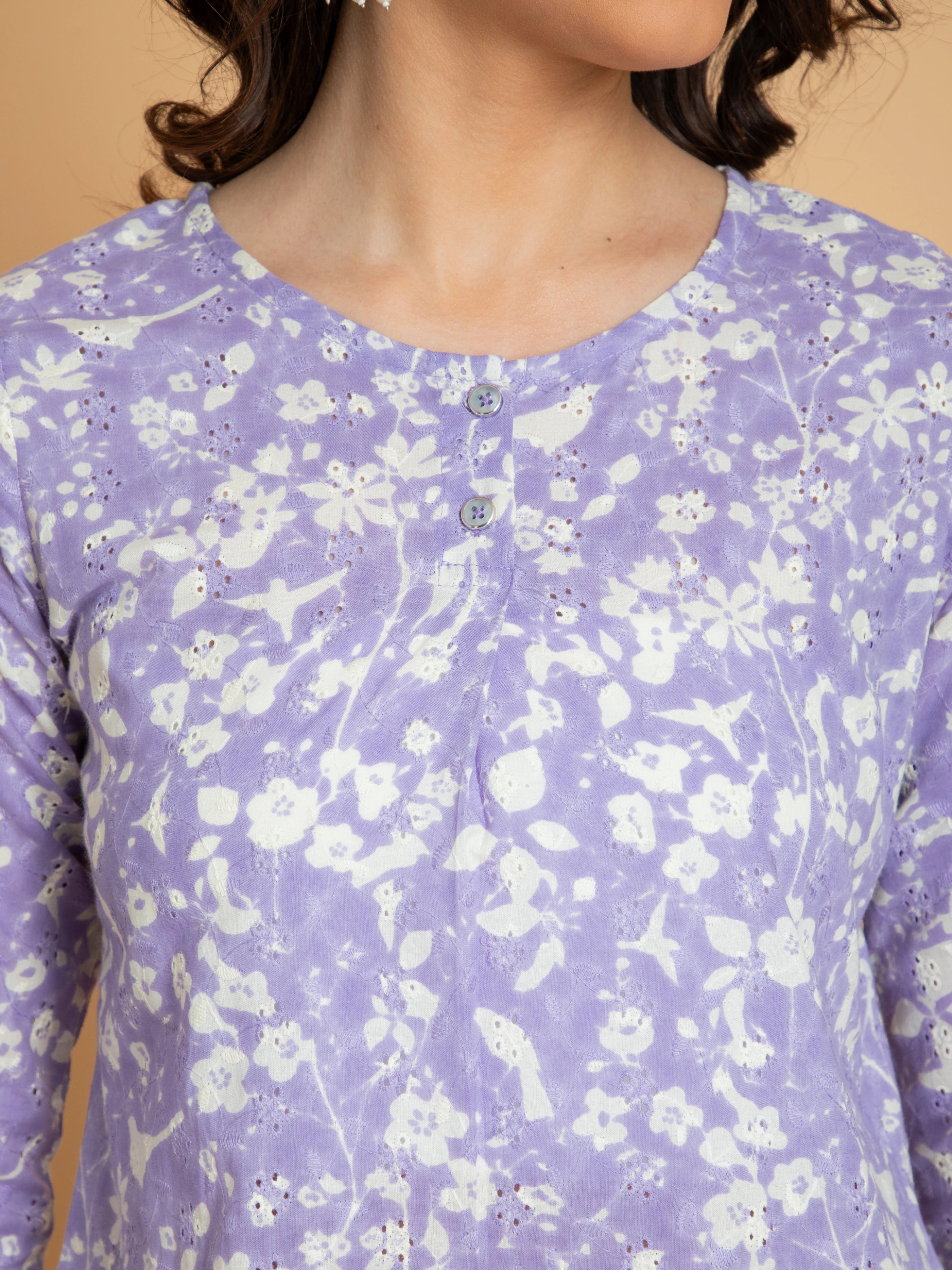 Women Lilac PRINTED SCHIFFLI CO-ORD SET HAND CRAFTED