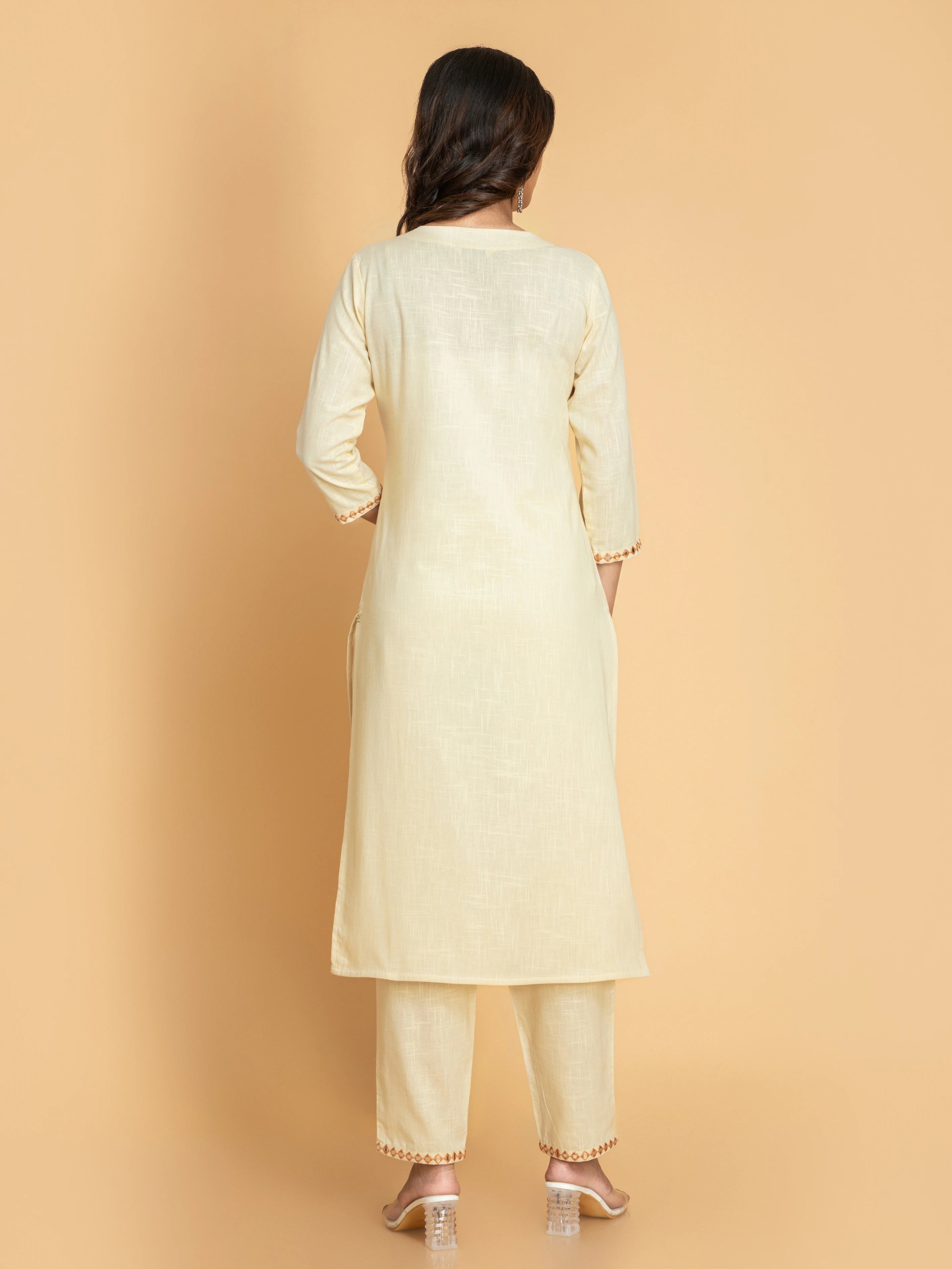 Women Cream MIRROR EMBROIDERY 3PC KURTA PANT SET