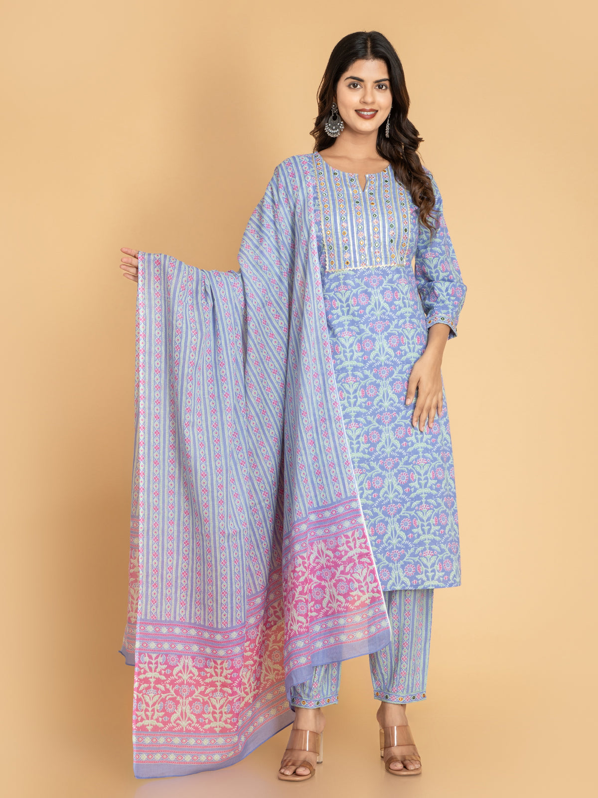 MUL-COTTON 3PC PRINTED KUTI PANT SET WITH EMBROIDERY DETAILS