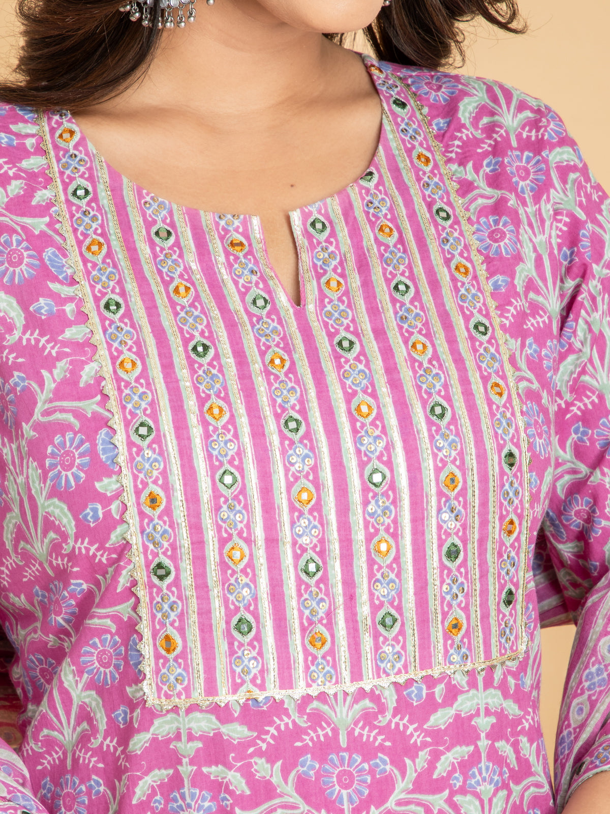 MUL-COTTON 3PC PRINTED KUTI PANT SET WITH EMBROIDERY DETAILS