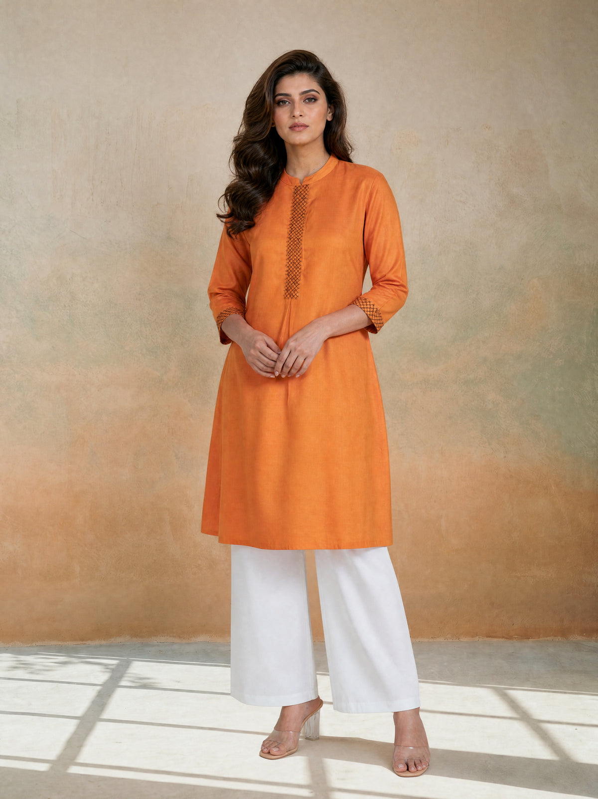 Mustard Italian Silk A-Line Pleated Long Kurti with Adda Work