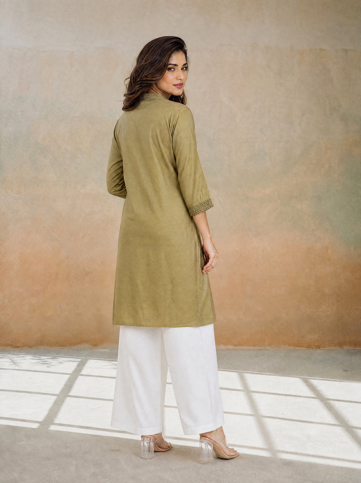 Olive Green Italian Silk A-Line Pleated Long Kurti with Adda Work