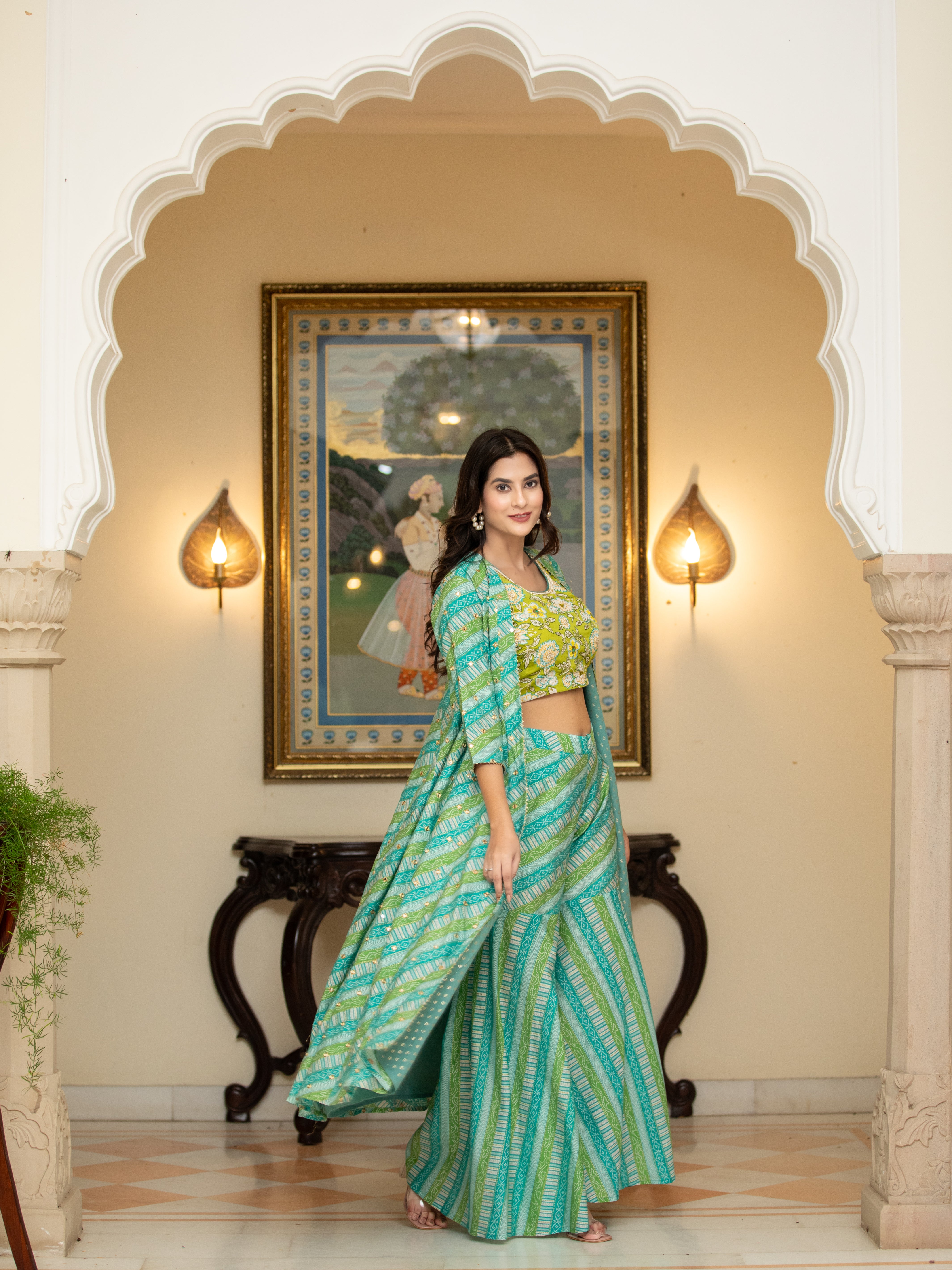 Women Turquoise BANDEJH PRINT SHARARA WITH CAPE 3 PCS SET