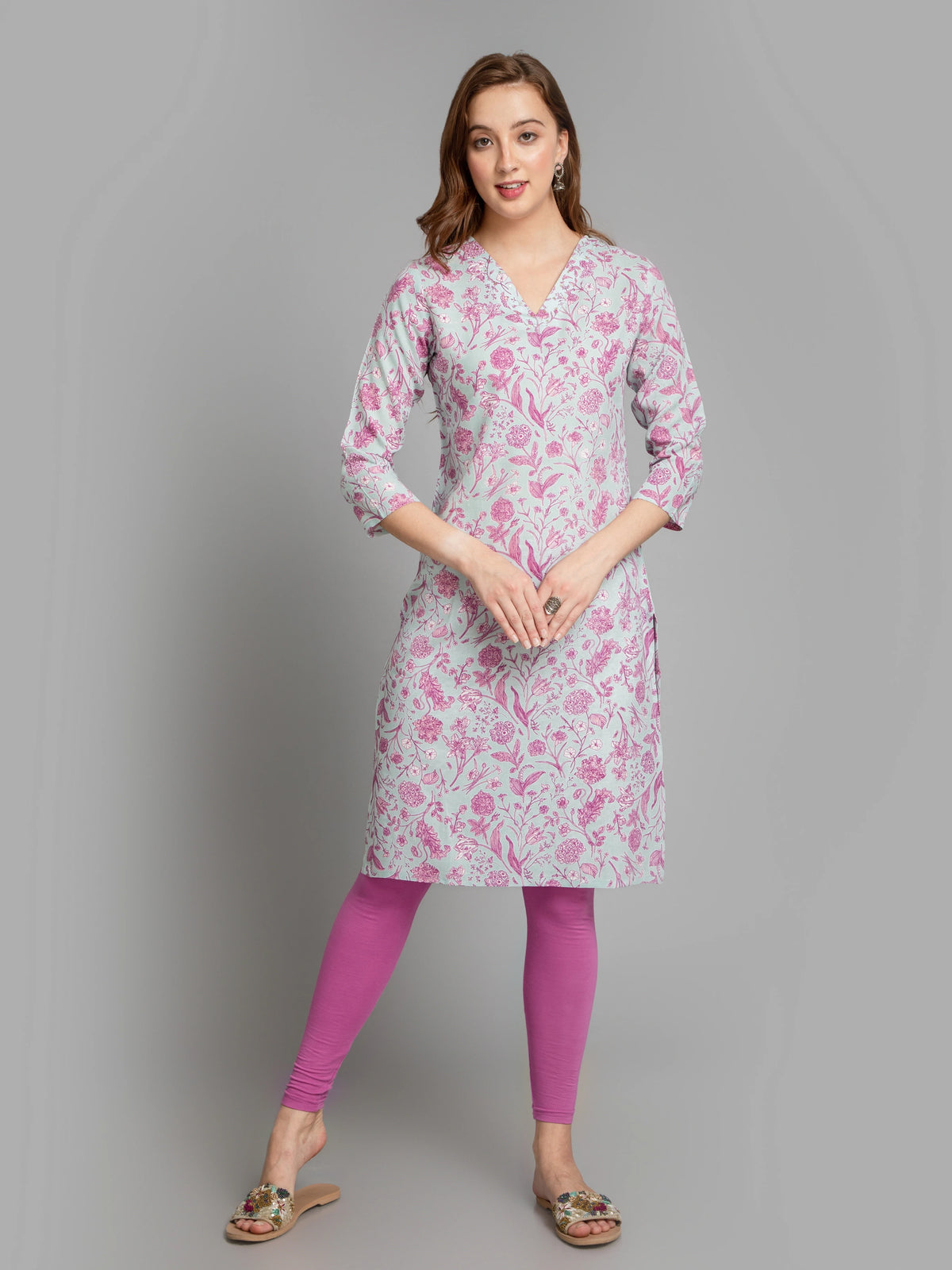 Women Grey Down CONTEMPORARY PRINTED LONG KURTI